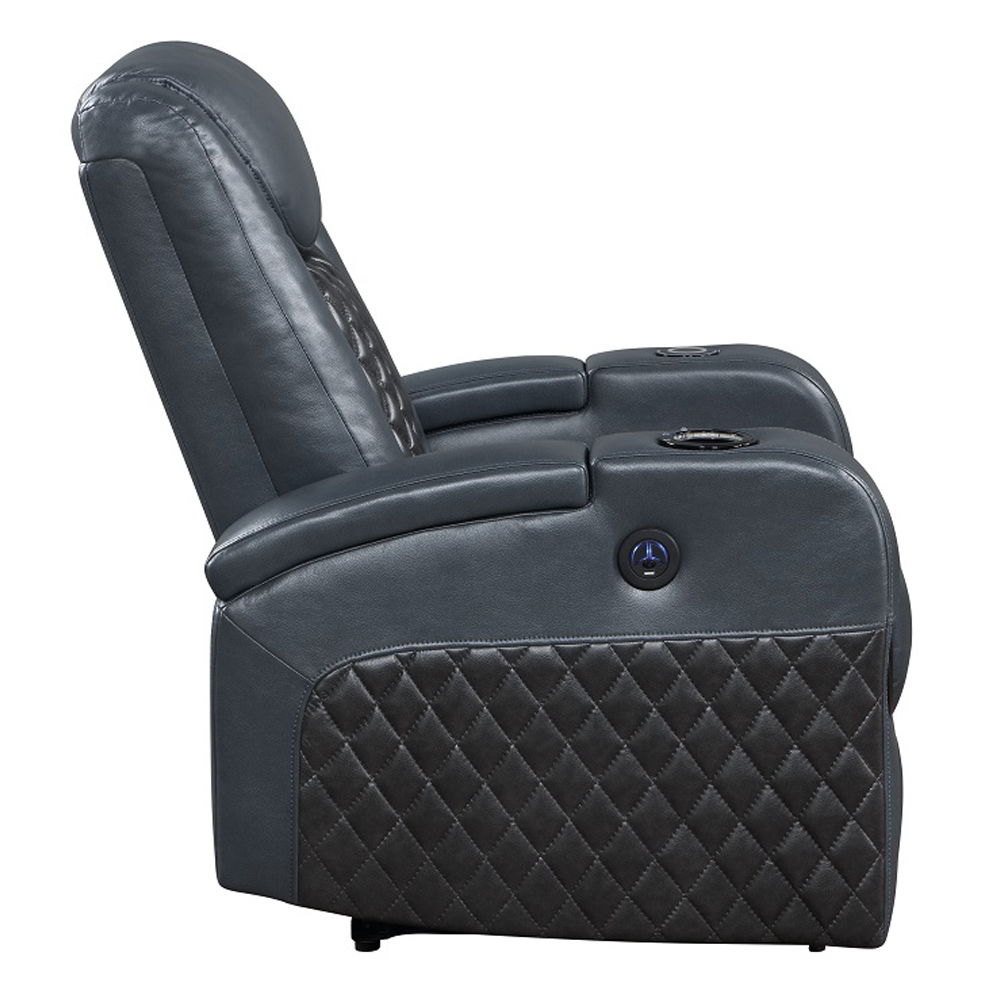 Alair - Power Motion Recliner With Bluetooth, Wireless Charger & Cupholder - Blue & Black Leather Aire, blue, view 3
