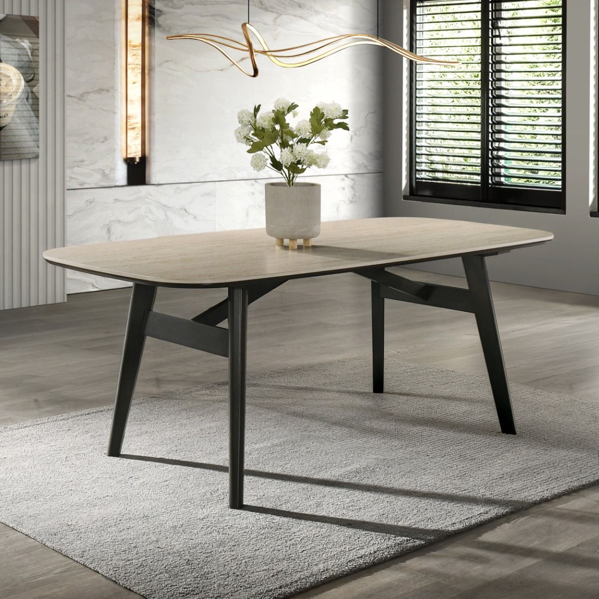 Lark - Dining Table - Travertine / Black, white, view 8
