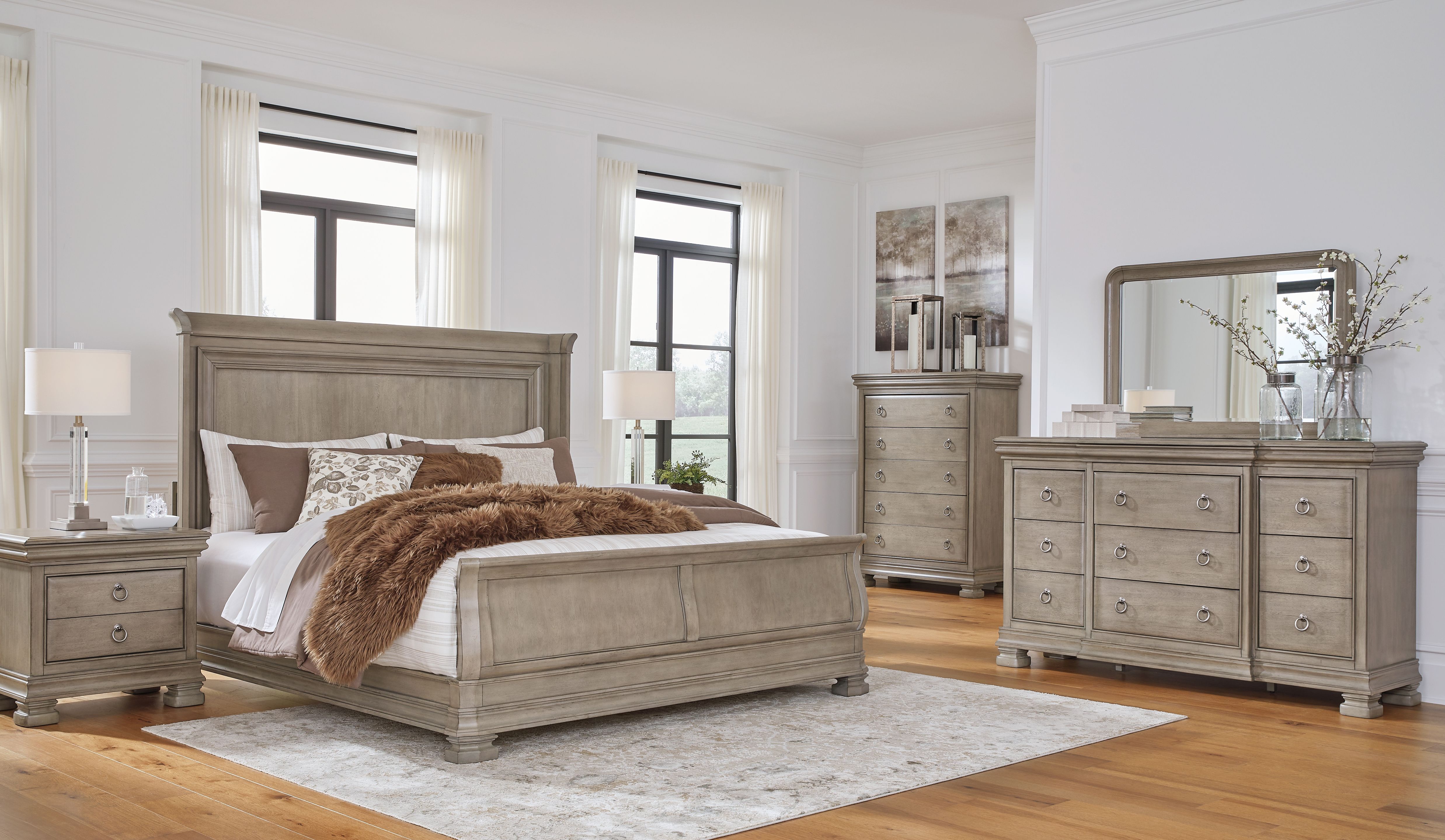 Ashley Lexorne Gray 6 Pc. Dresser Mirror King Sleigh Bed 2 Ni FurnitureDepotOhio