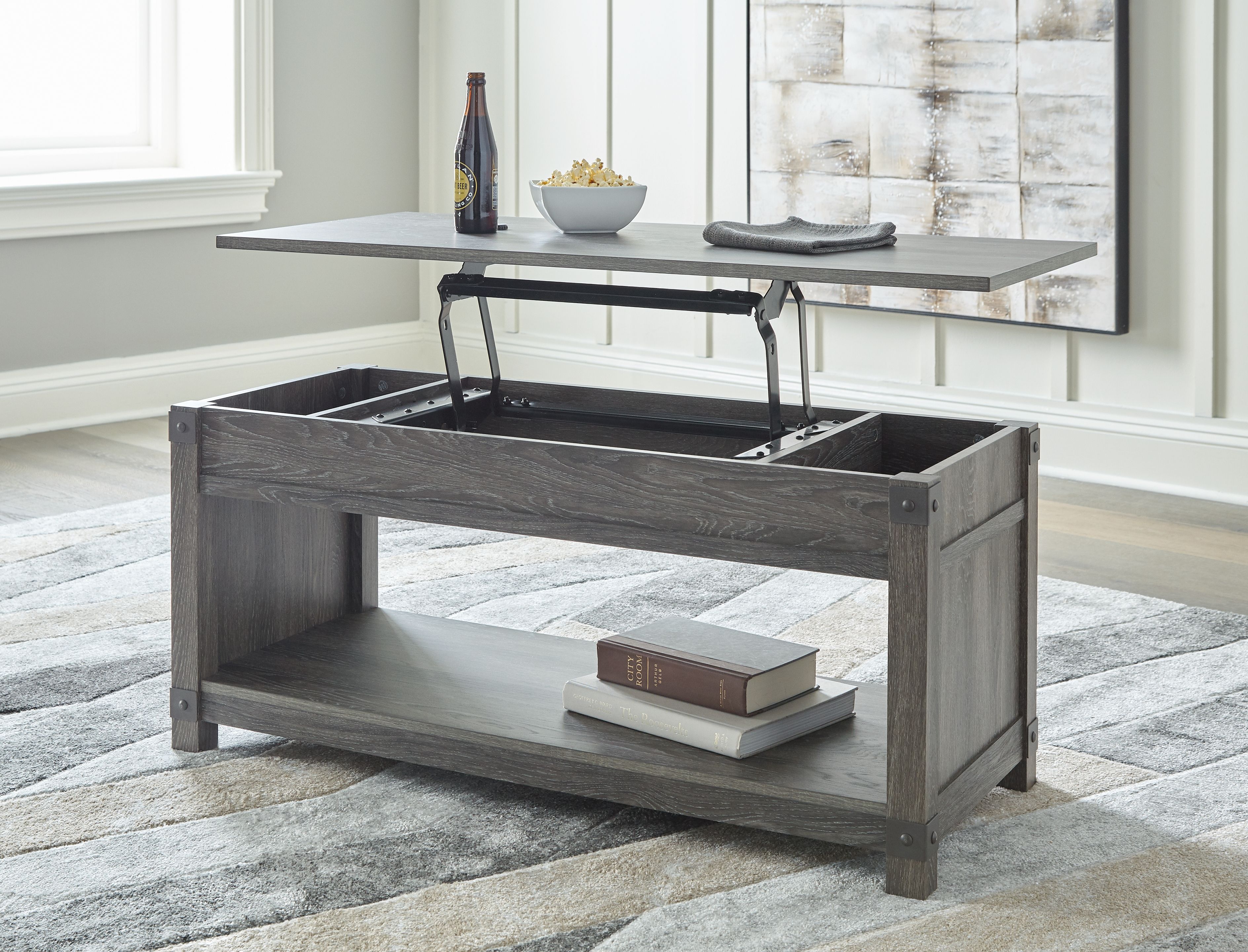 Ashley Furniture Freedan - Rect Lift Top Cocktail Table - Grayish Brown - Image 7