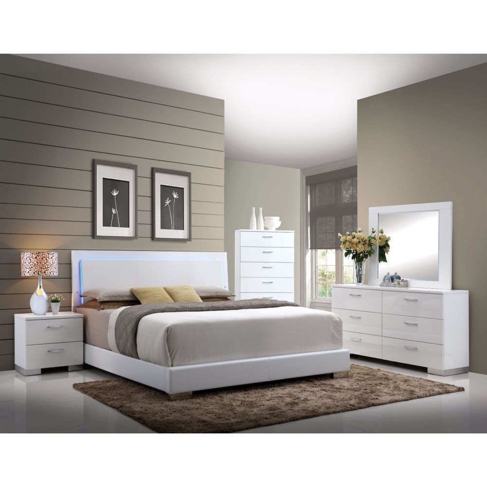Lorimar - Queen Bed With LED - White Synthetic Leather & White Leg, white