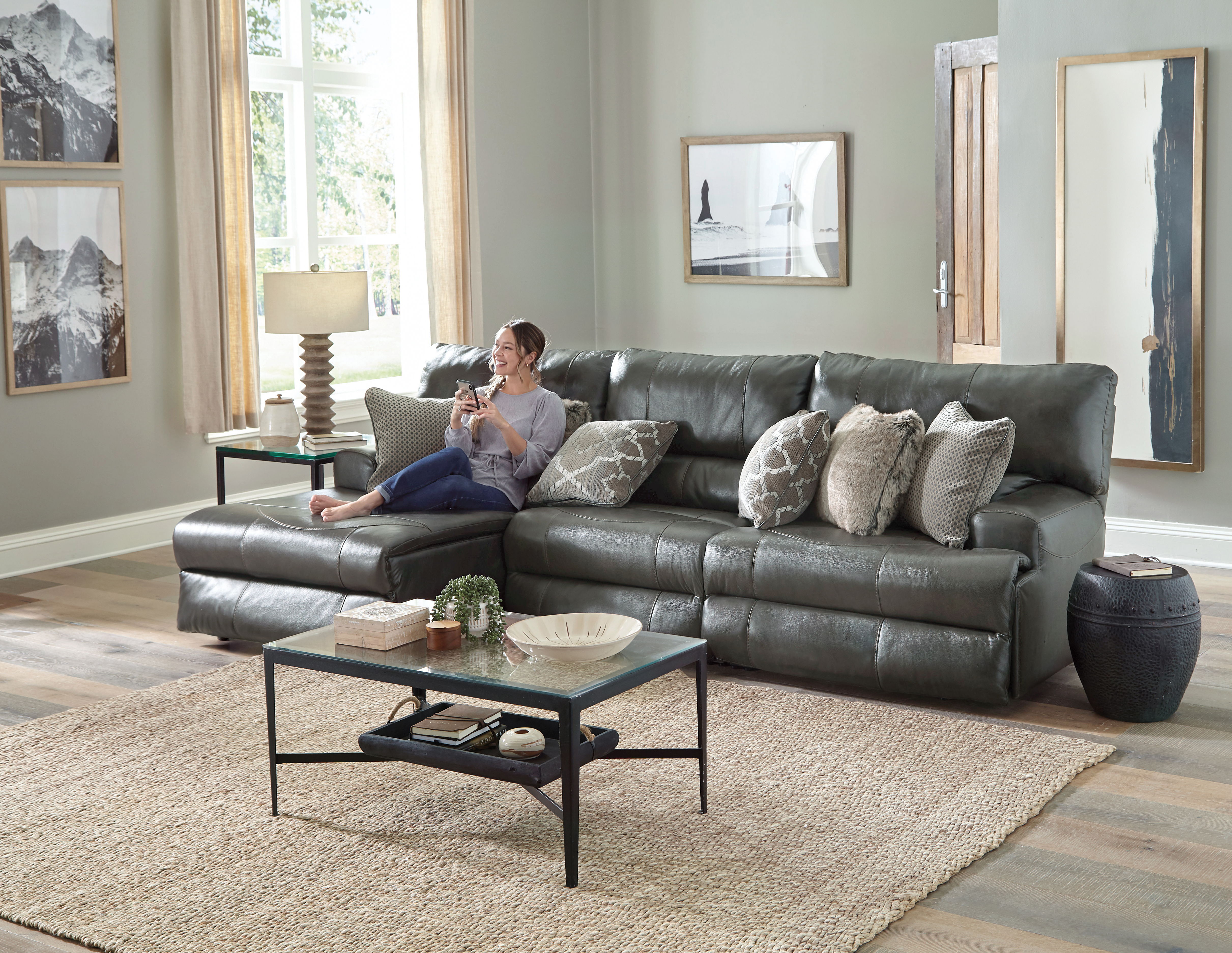 Como - 3 Piece Italian Leather Match Power Reclining Sofa / Chaise With 1 Lay Flat Reclining Seat And LSF Chaise - Steel
