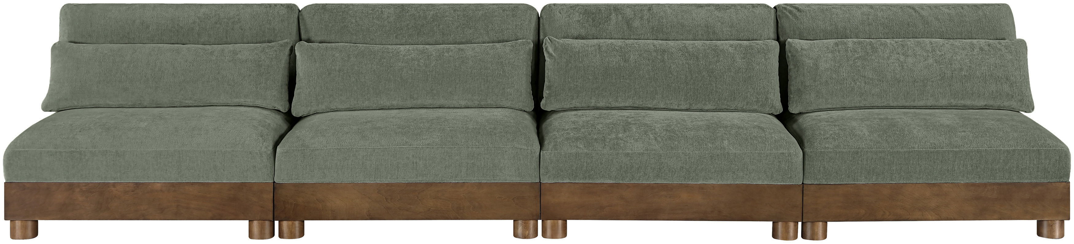 Turin - 160" Chenille Fabric Upholstered 4 Piece Modular Sofa (4 Armless Chairs) - Green / Brown Walnut