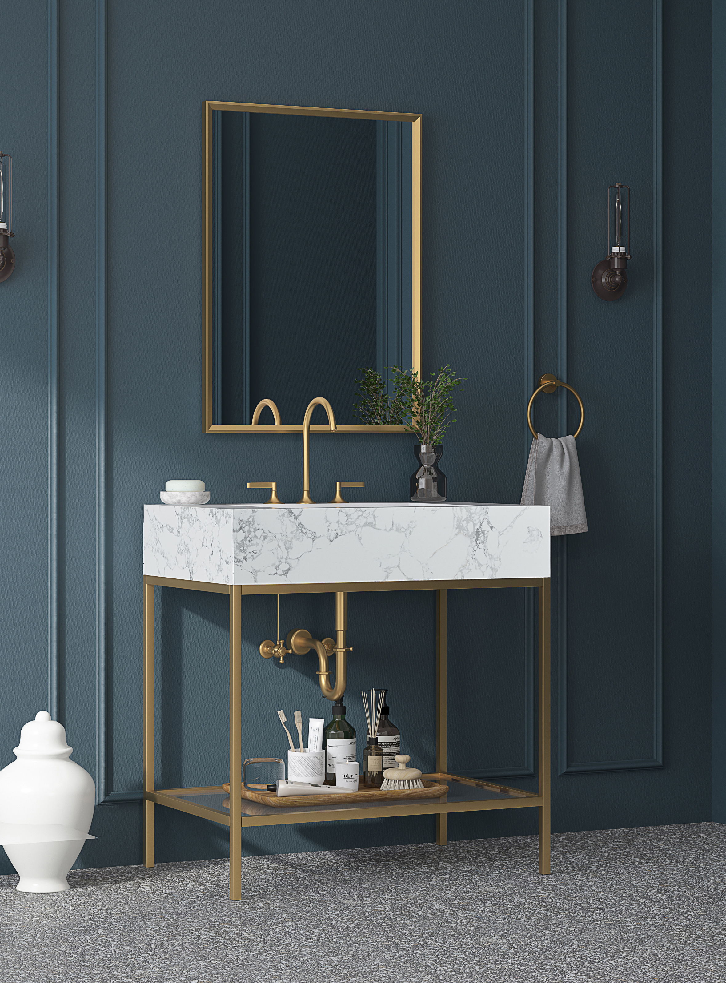 Marmo - 30" Engineered Marble Bathroom Vanity With Gold Base - White