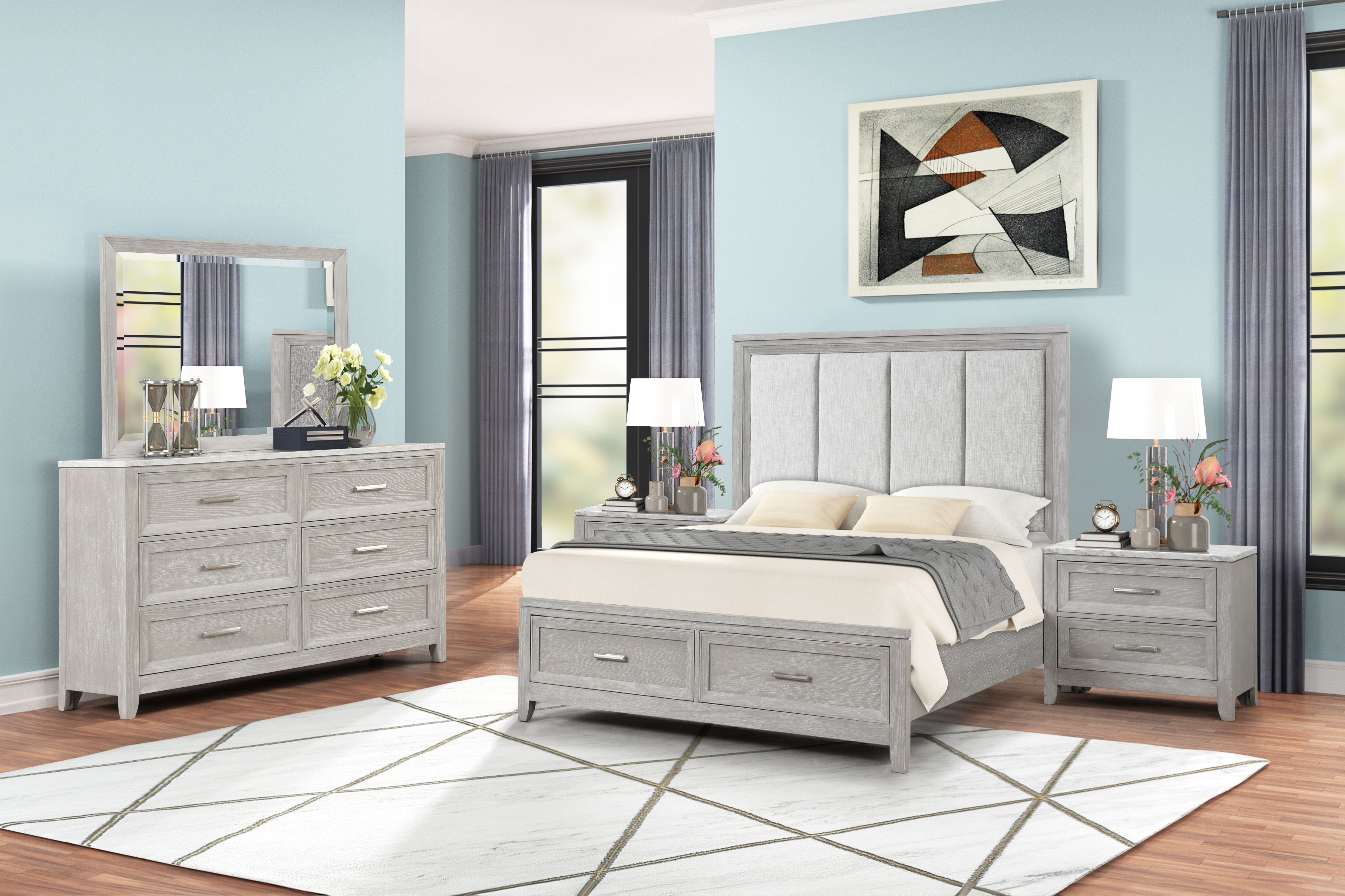 Fiona - 5/0 Queen 5 Piece Bedroom Set (Bed & Dresser & Mirror & 2 Nightstands) - Gray