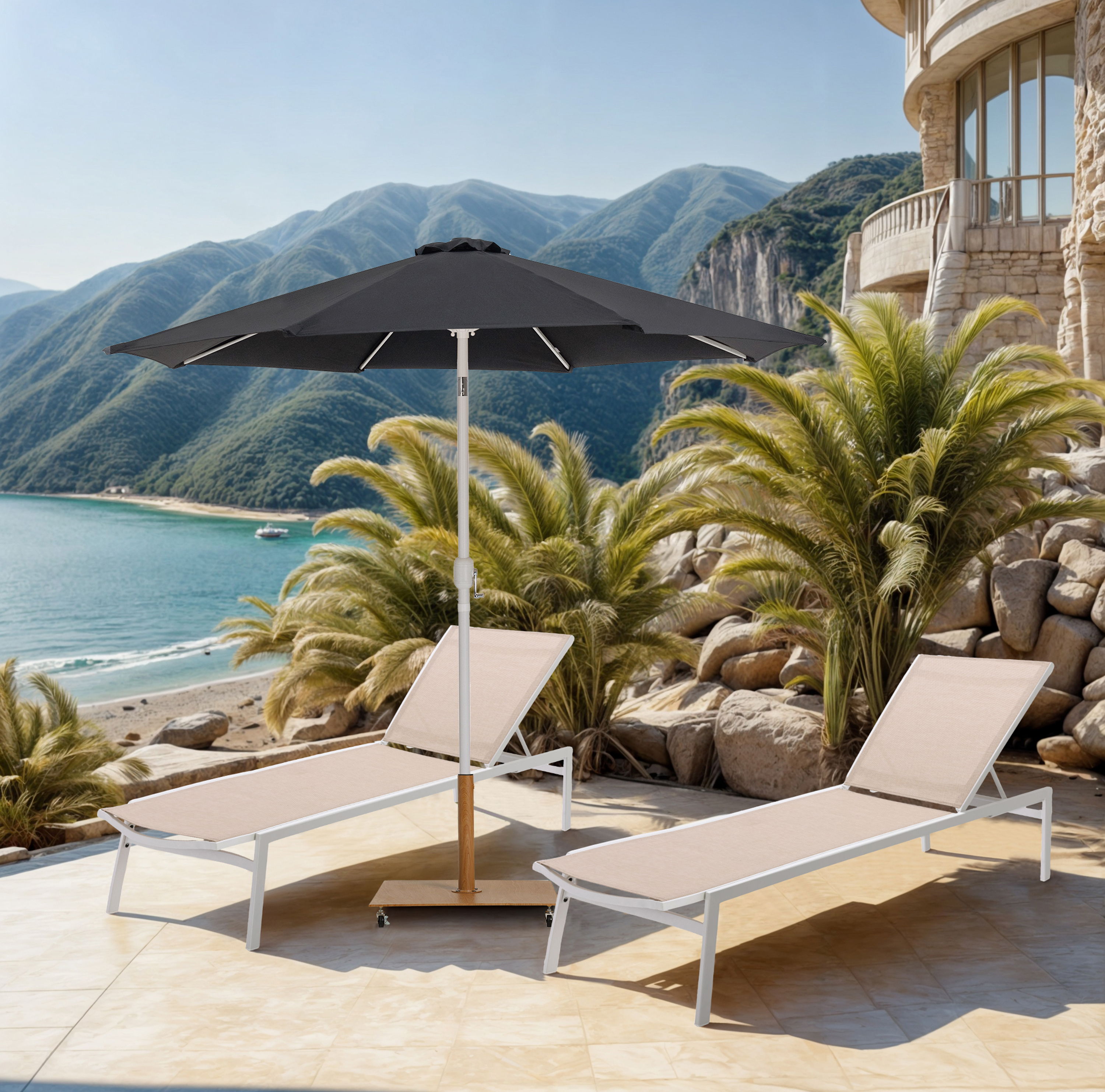 Fiji - Aluminum Patio Umbrella With Square Teak And White Base - Black
