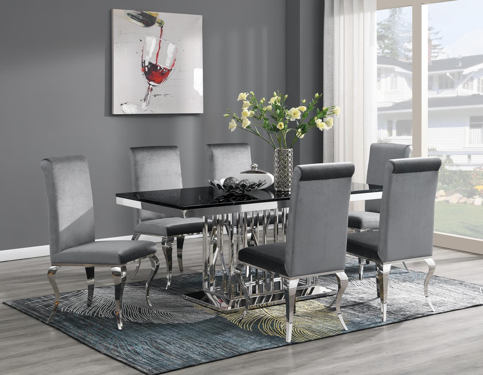 G-081-T-BLACK - 7 Piece Dining Room Set (Table, 6 Velvet Chairs) - Gray