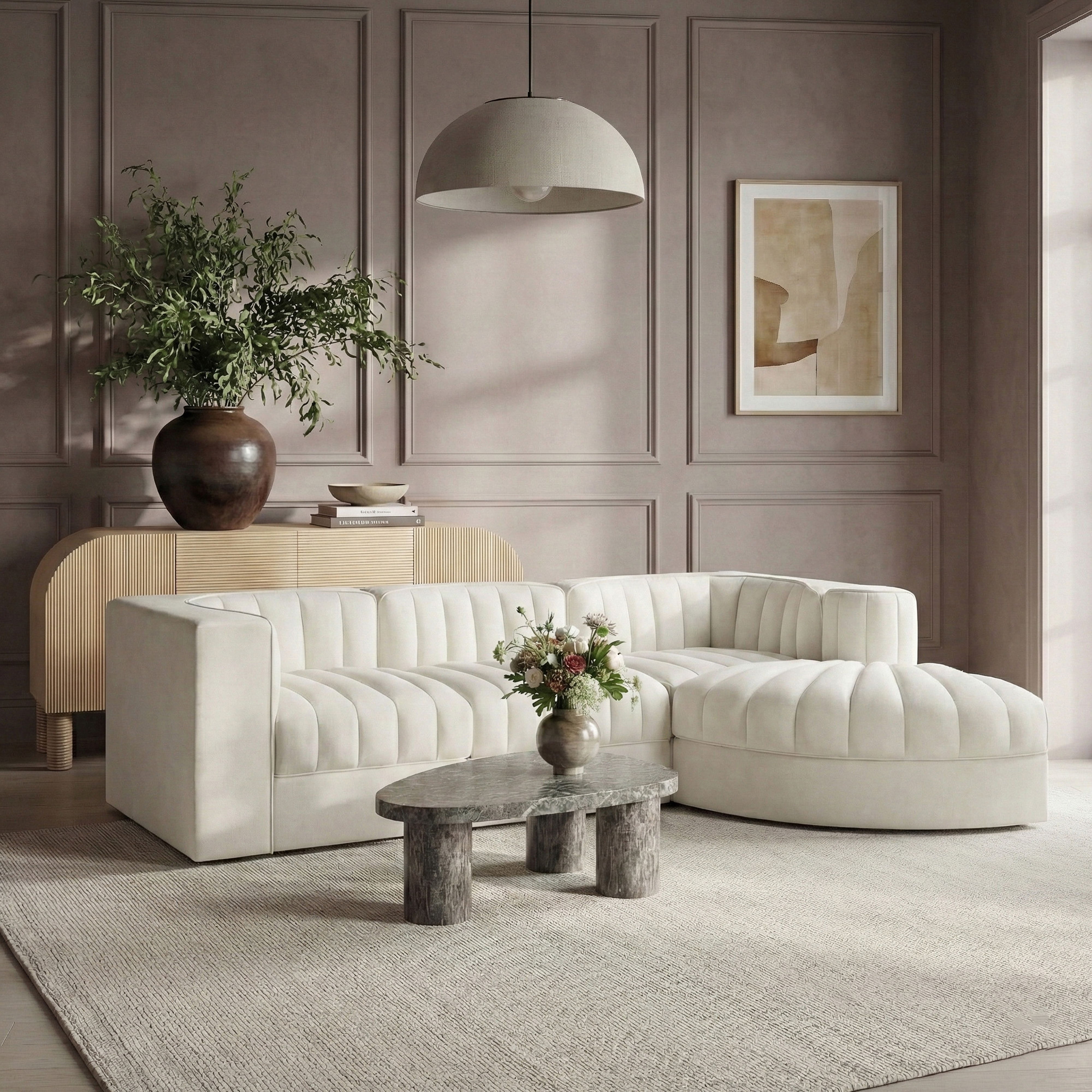 Rummi - Velvet Performance Fabric Upholstered 4 Piece Modular Sectional, With Reverse Corner Chair - Cream