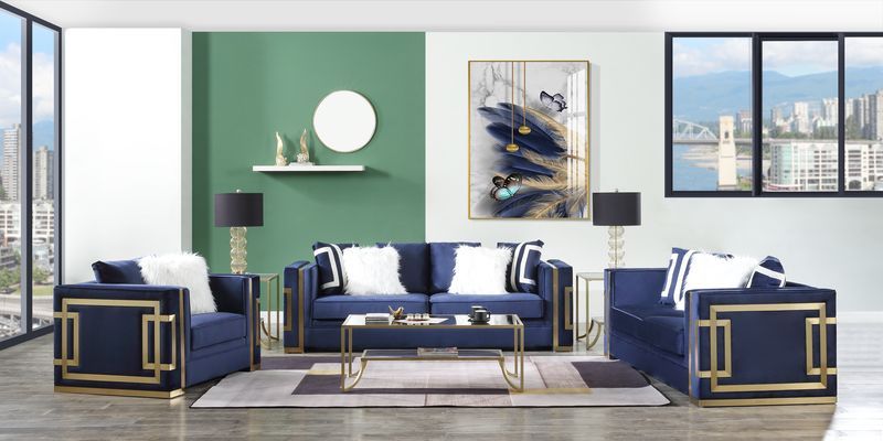 Virrux - Sofa With 6 Pillows - Blue Velvet & Gold, blue, view 3