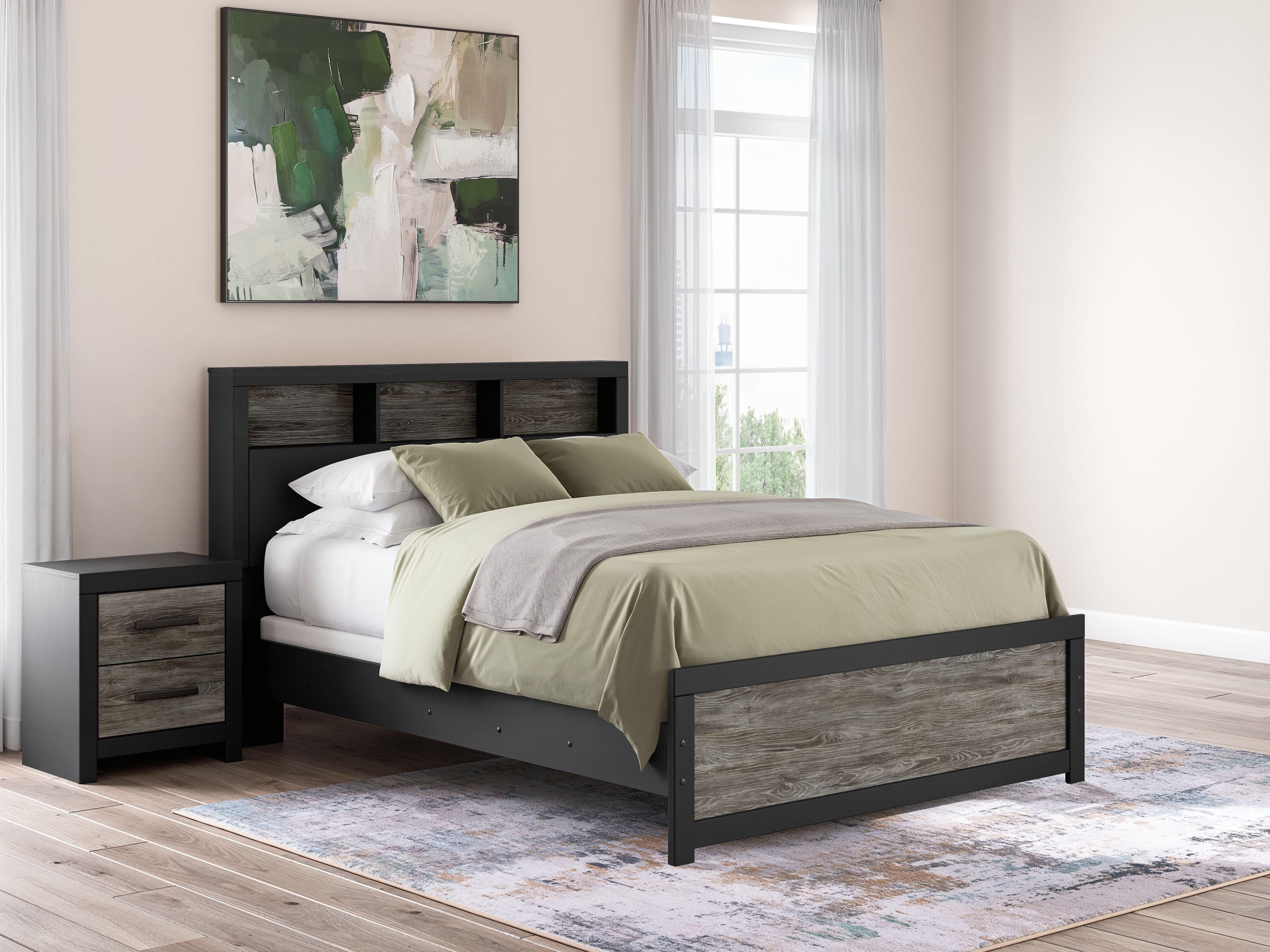 Broachmyn - Queen Lighted Bookcase Panel Bed - Black / Gray
