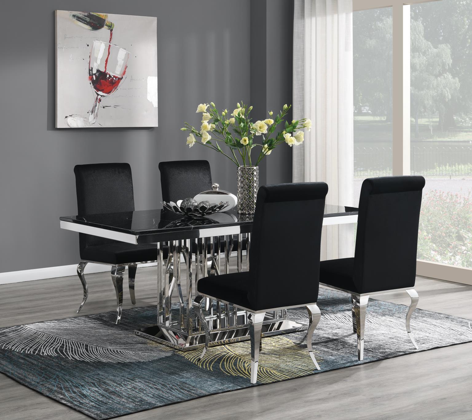G-081-T-BLACK - 5 Piece Dining Room Set (Table, 4 Velvet Chairs) - Black