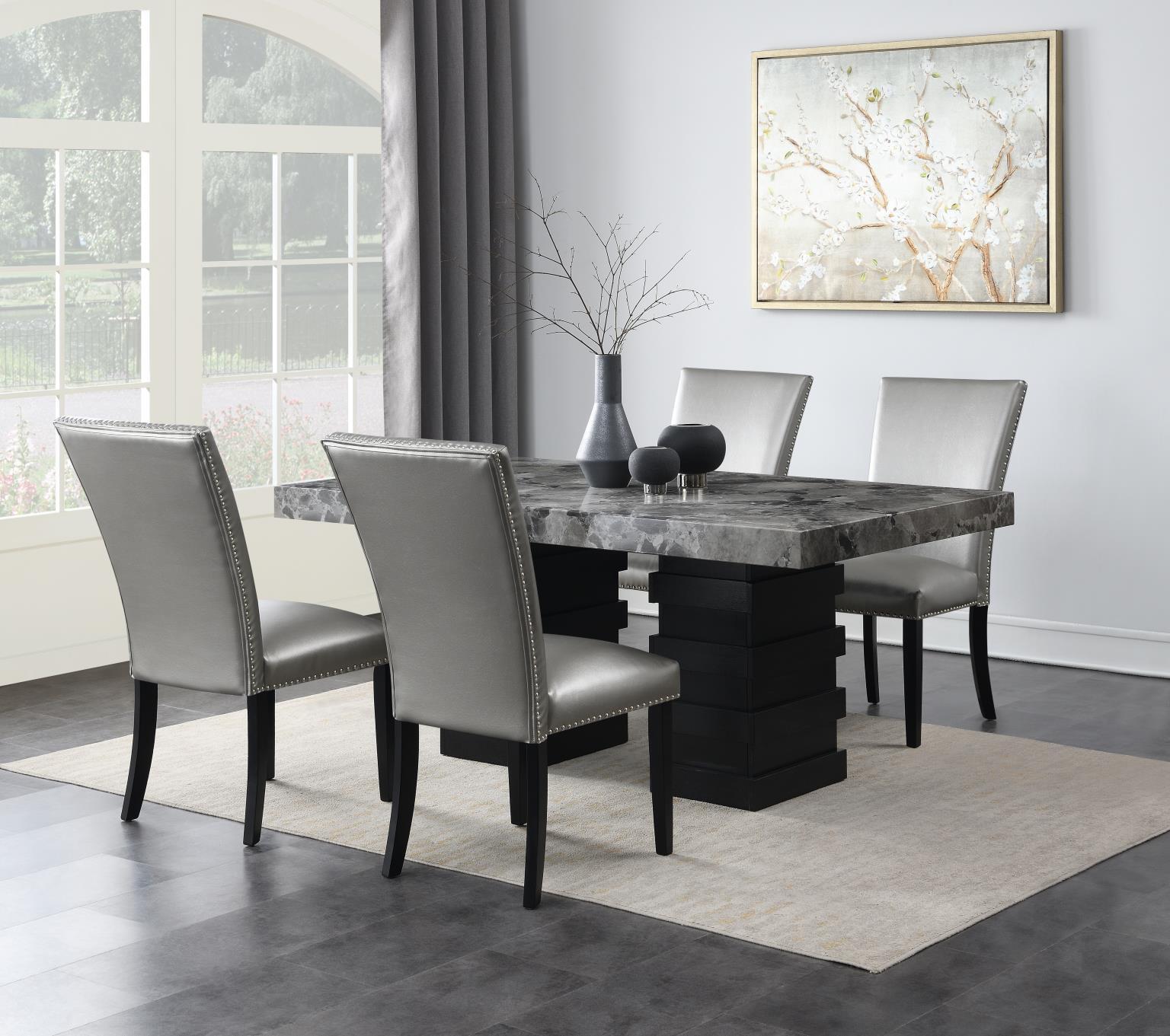 D137 - 5 Piece Dining Room Set (Table, 4 Faux Leather Chairs) - Silver