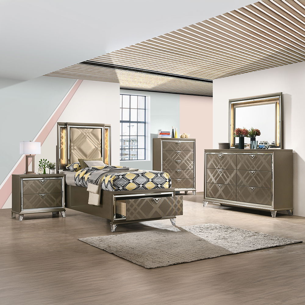 Skylar - Full Bed With LED & Storage - Synthetic Leather & Dark Champagne, dark brown, view 5