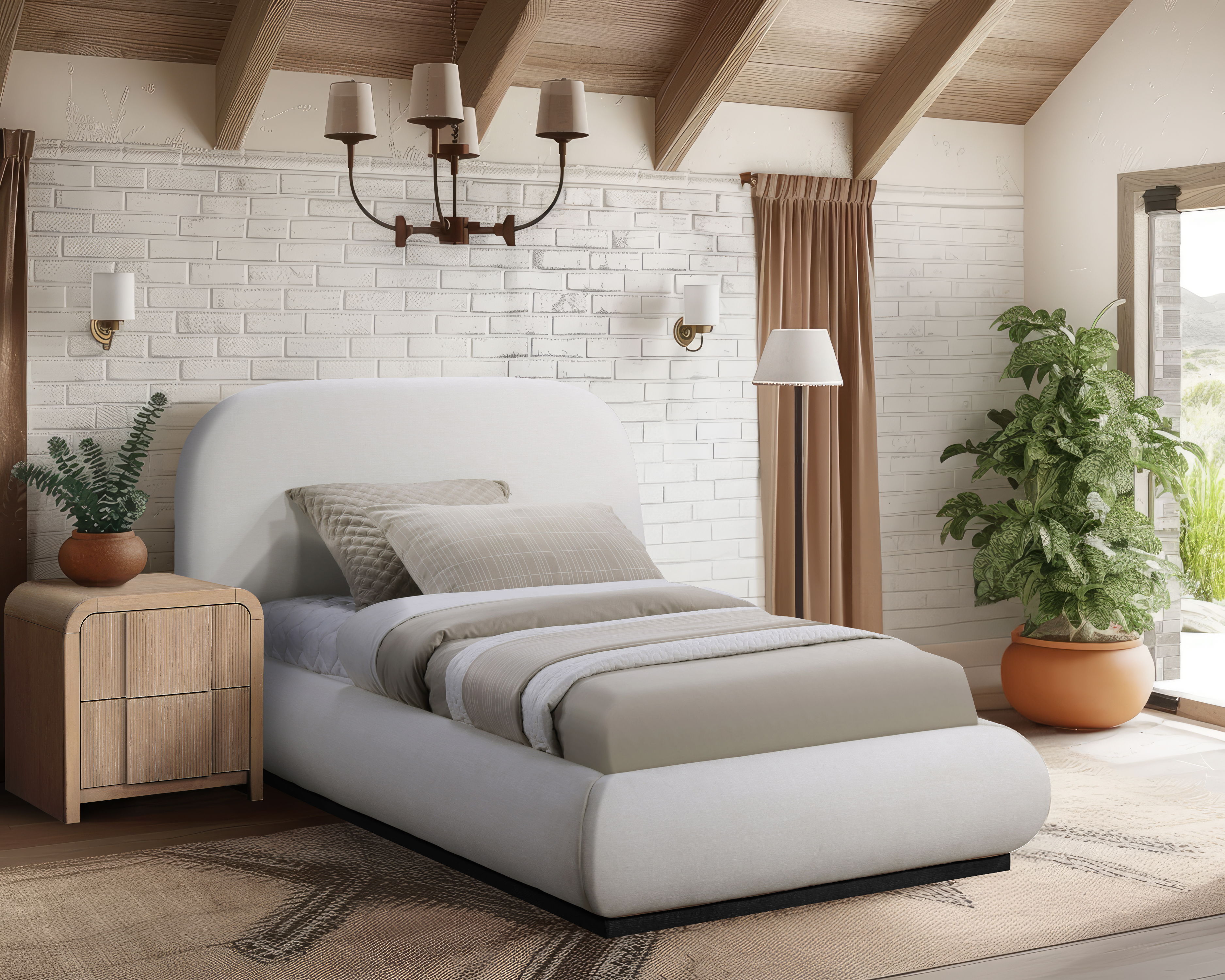 Vaughn - Linen Twin Bed With Black Base - Cream