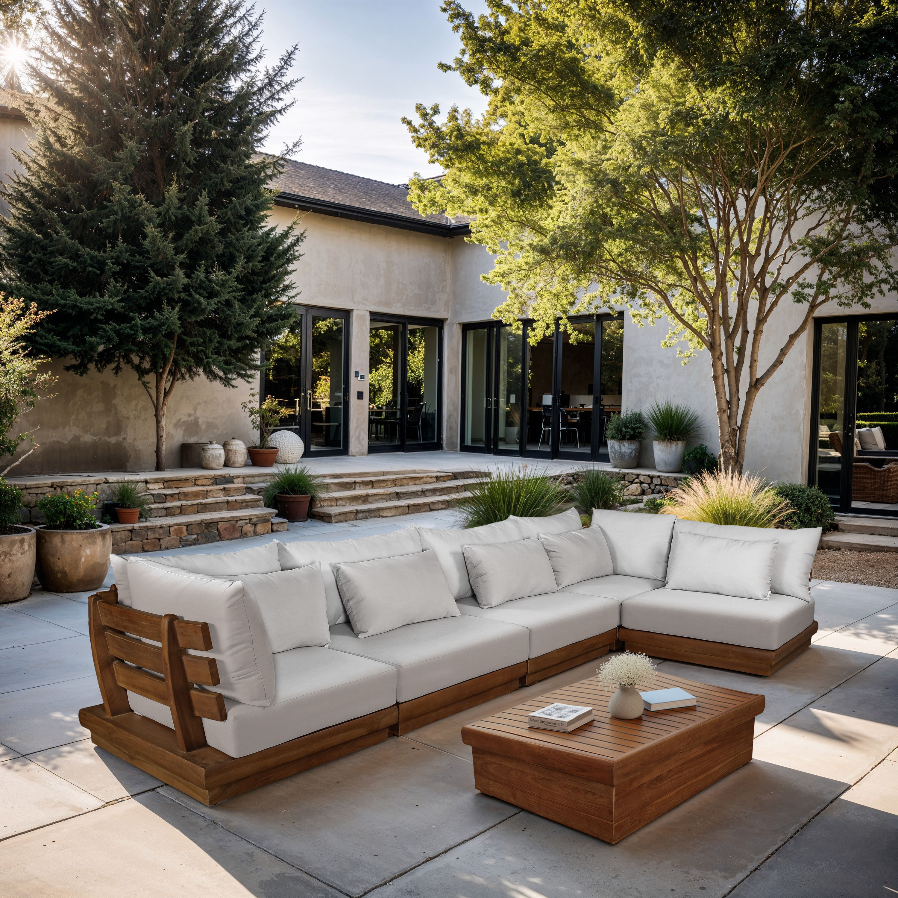 Mirella - 5 Piece Water Resistant Fabric 150" Upholstered Outdoor Patio Modular Sectional - Off-White