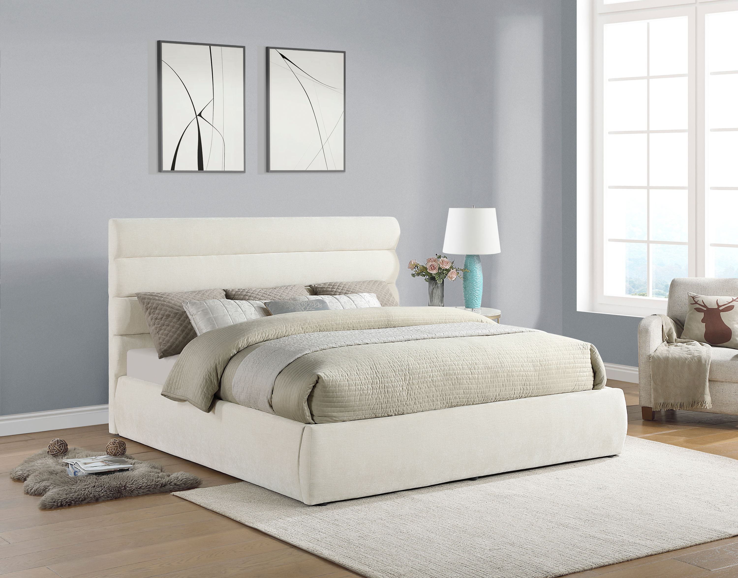Adam - Chenille Fabric King Bed With 52" Headboard - Cream