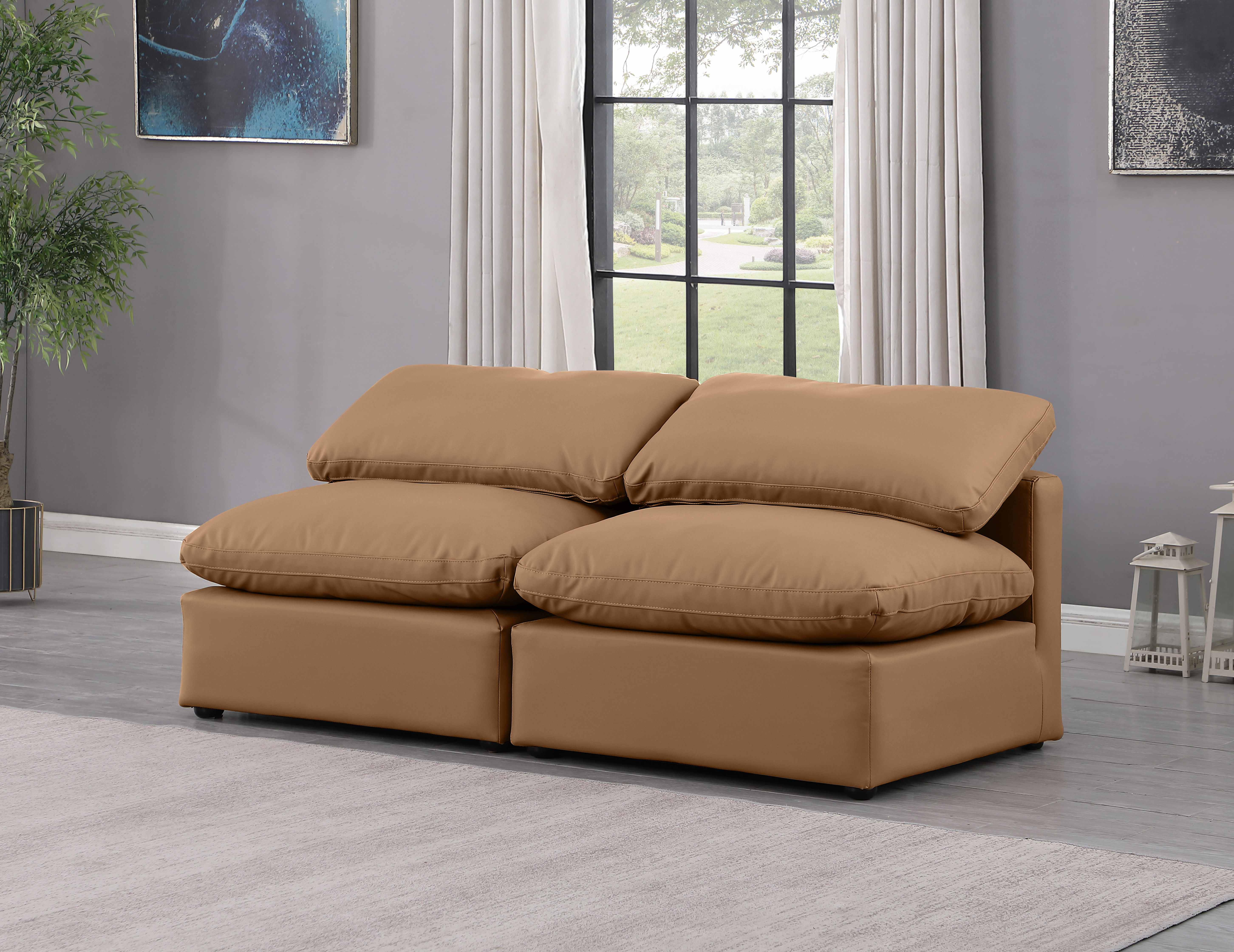 Indulge - Faux Leather 2 Piece Modular Armless Sofa - Cognac