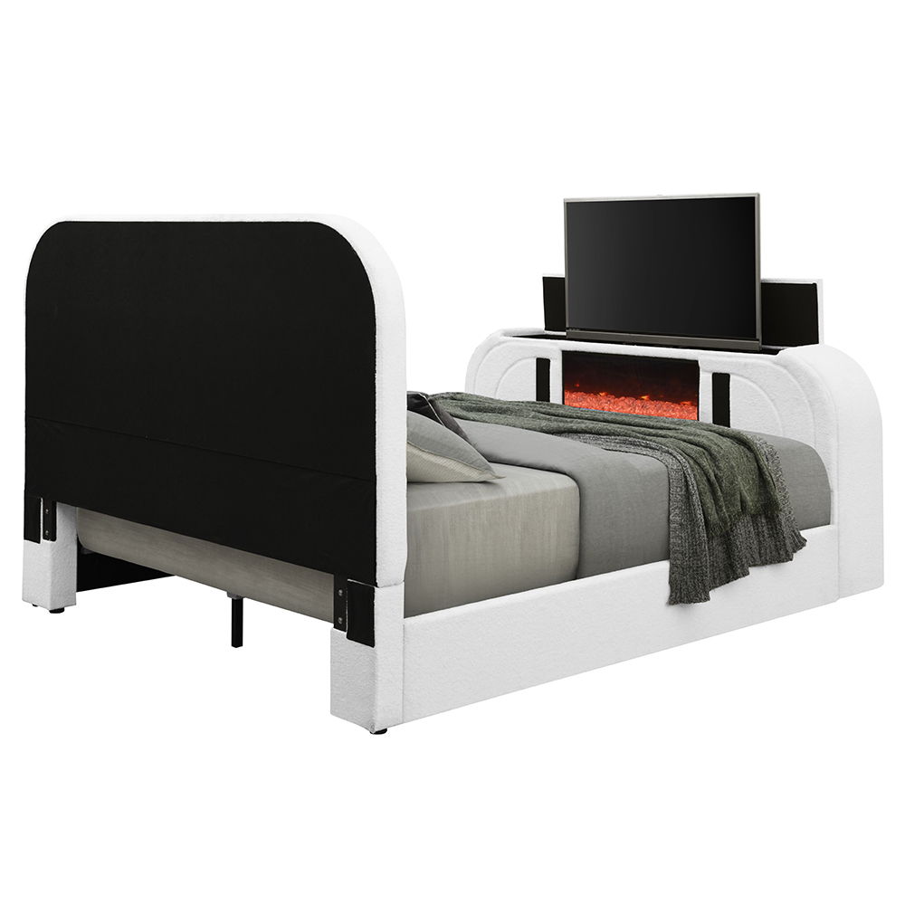 Shelyn - Queen Bed With LED, TV Cabinet, Fireplace & Bluetooth - White Teddy Sherpa & Chrome, white, view 4