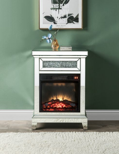 Noralie - 24" Fireplace - Mirrored & Faux Diamonds, silver