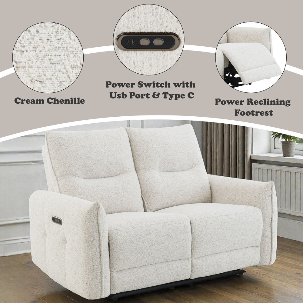 Lalisa - Power Motion Loveseat With USB Port - Cream Chenille, white