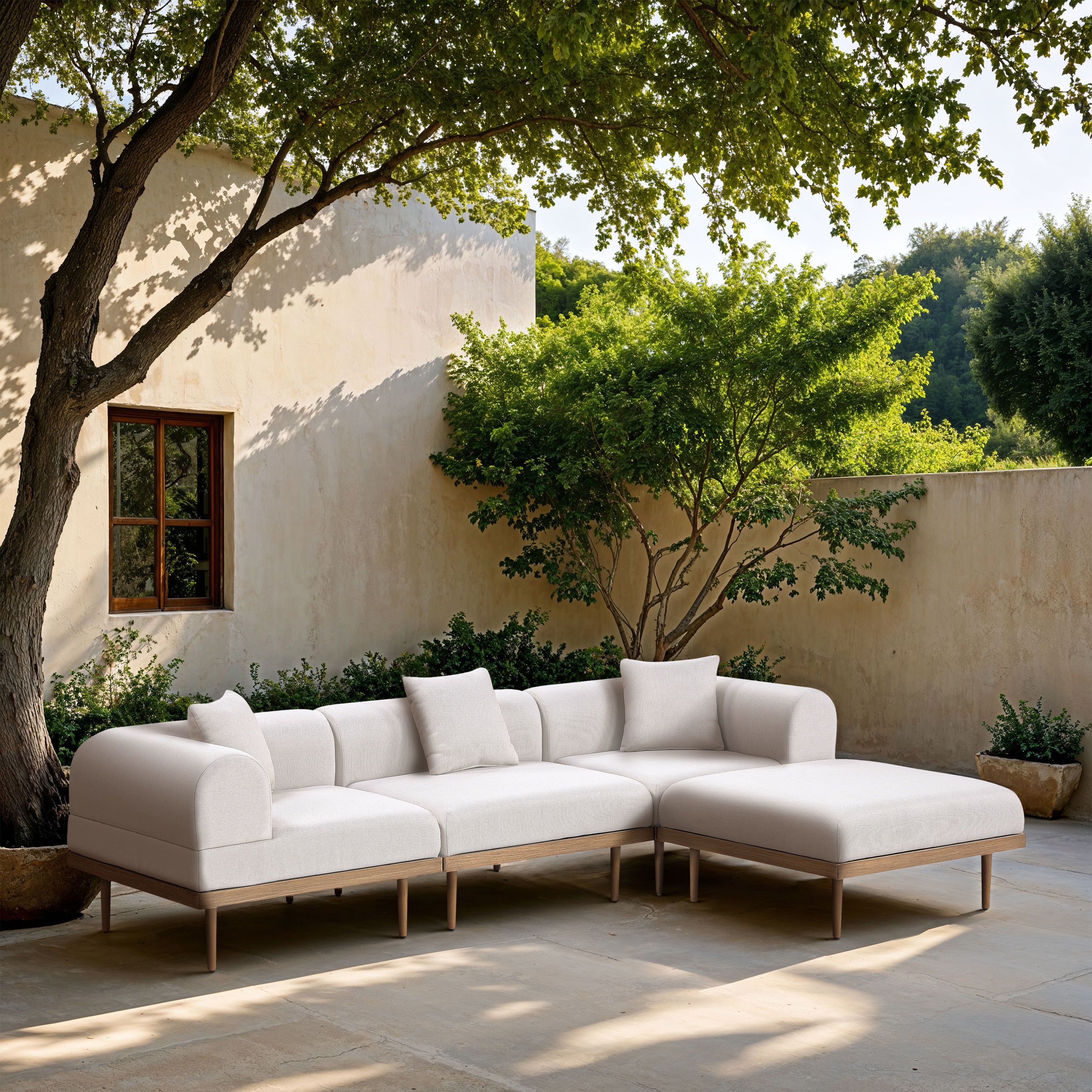 Laguna - 4 Piece Resilient Water Resistant Fabric 106.5" Upholstered Outdoor Patio Modular Sectional - Cream