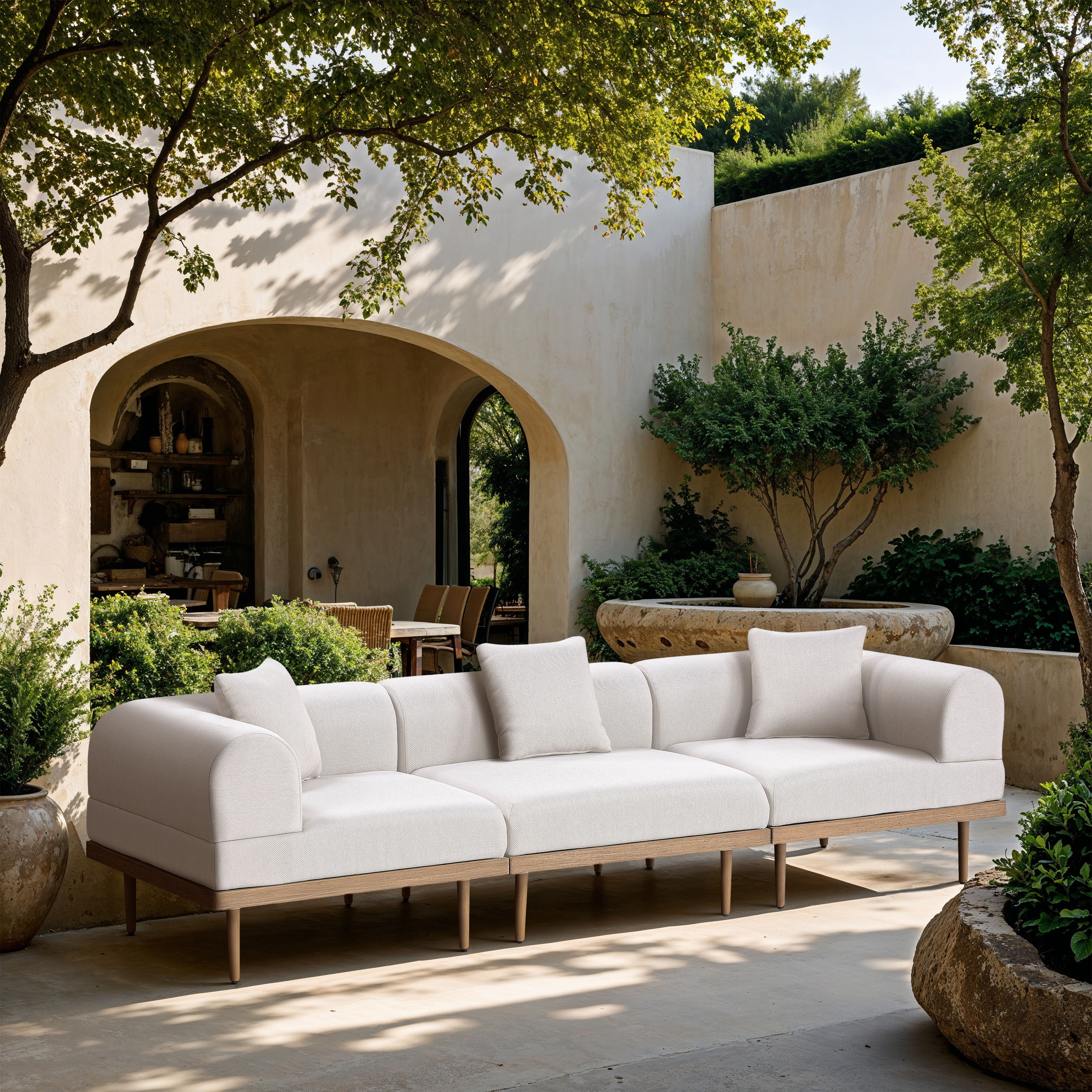 Laguna - 3 Piece Resilient Water Resistant Fabric 106.5" Upholstered Outdoor Patio Modular Sofa - Cream