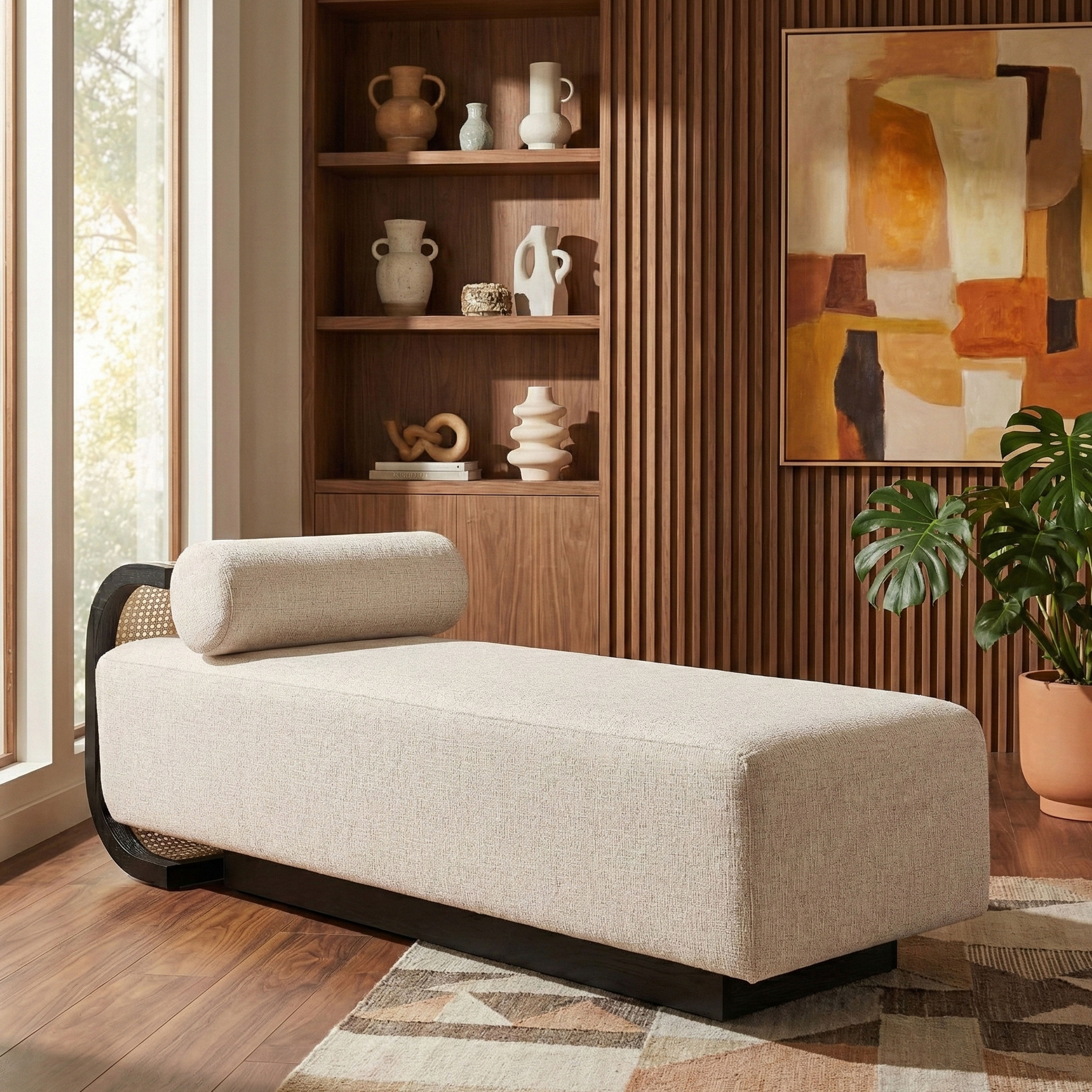 Zephyr - Linen Textured Fabric Upholstered Chaise - Beige / Painted Black