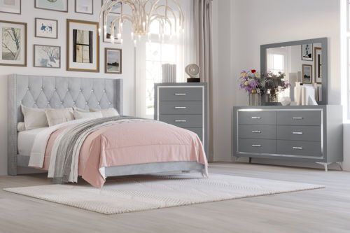 Huxley - 6/0 Western King 4 Piece Bedroom Set (Bed & Dresser & Mirror & Chest) - Gray, gray