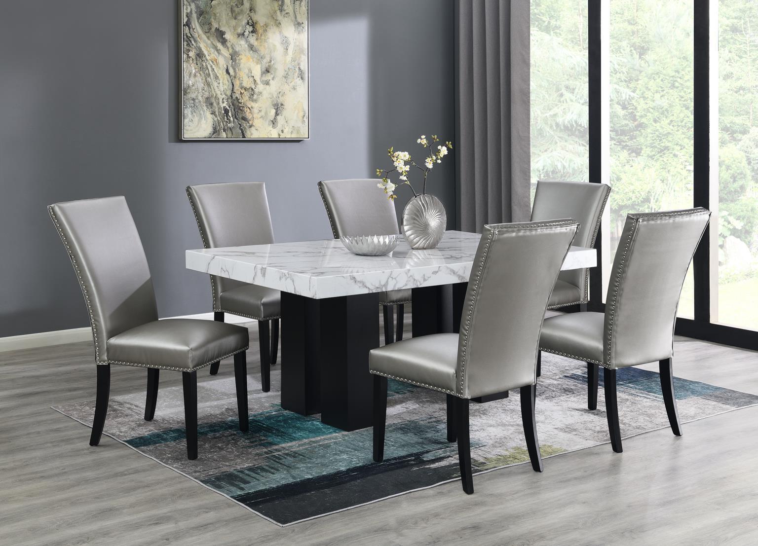 D131 - 7 Piece Dining Room Set (Table, 6 Faux Leather Chairs) - Shimmer Silver / White