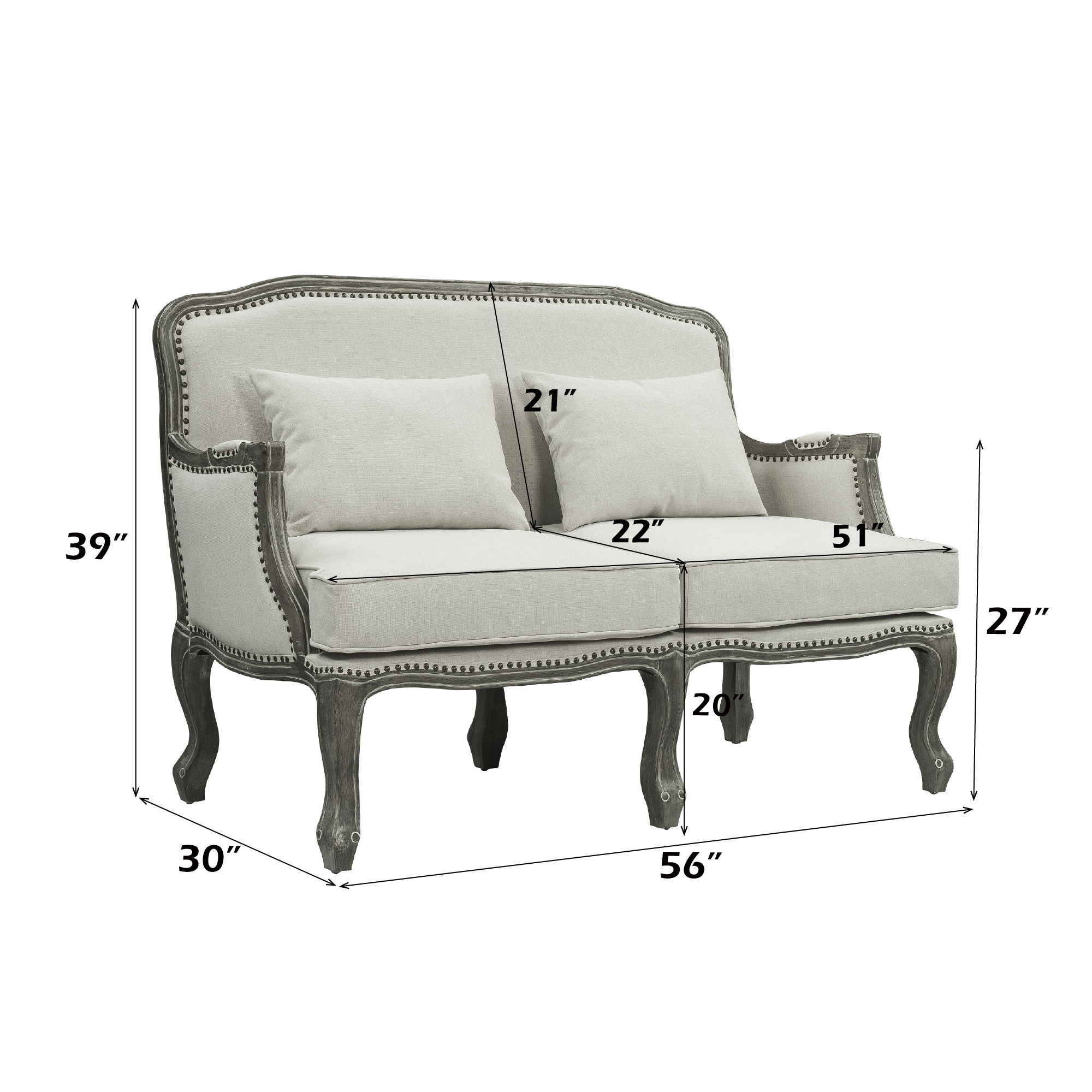 Tania - Loveseat With 2 Pillows - Cream Linen & Gray, beige, view 3