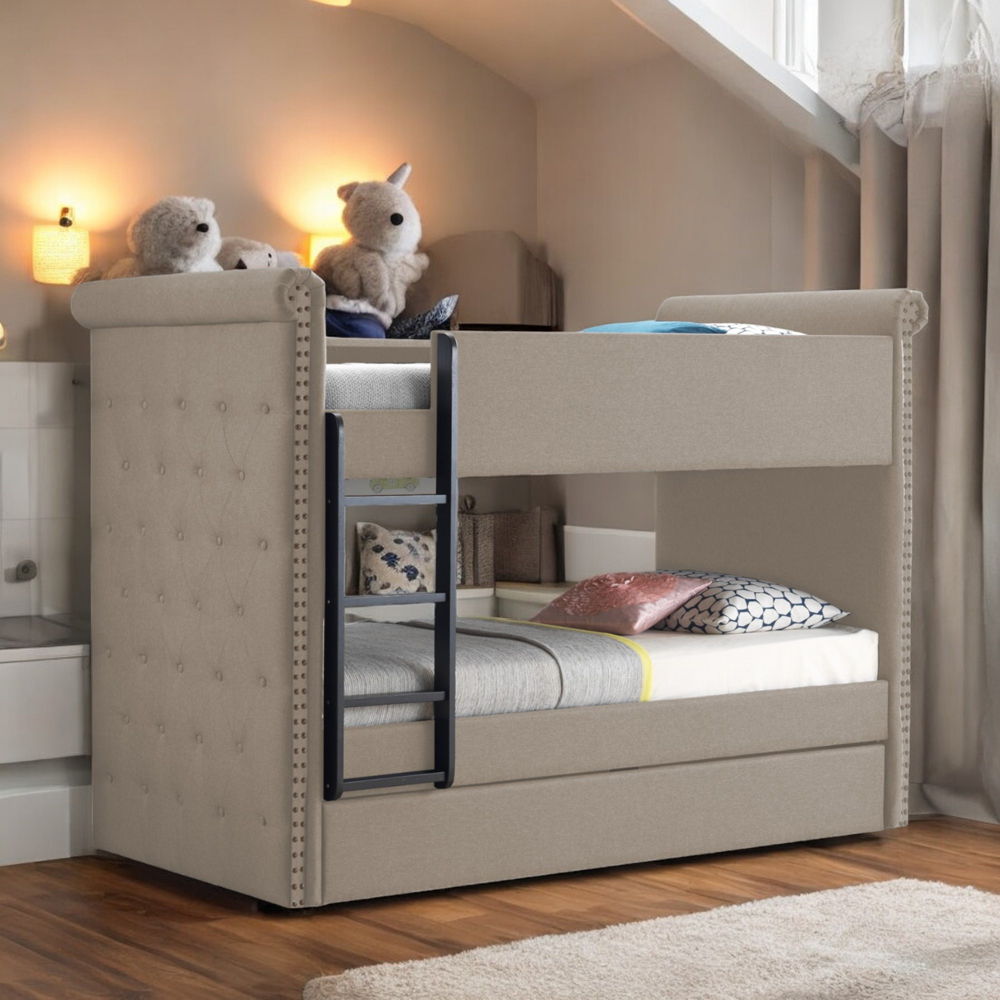Romana II - Twin Over Twin Bunk Bed With Trundle - Beige Fabric, beige, view 4