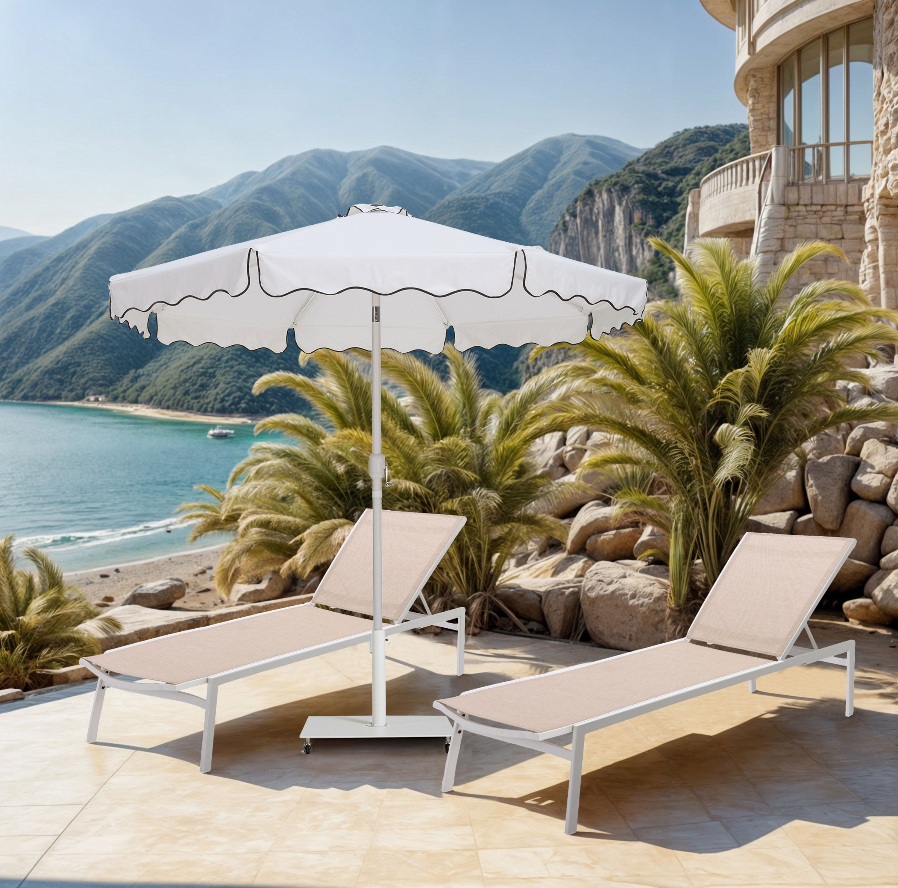 Amalfi - With Black Piping / Matte White Aluminum Patio Umbrella With Base Fabric - White