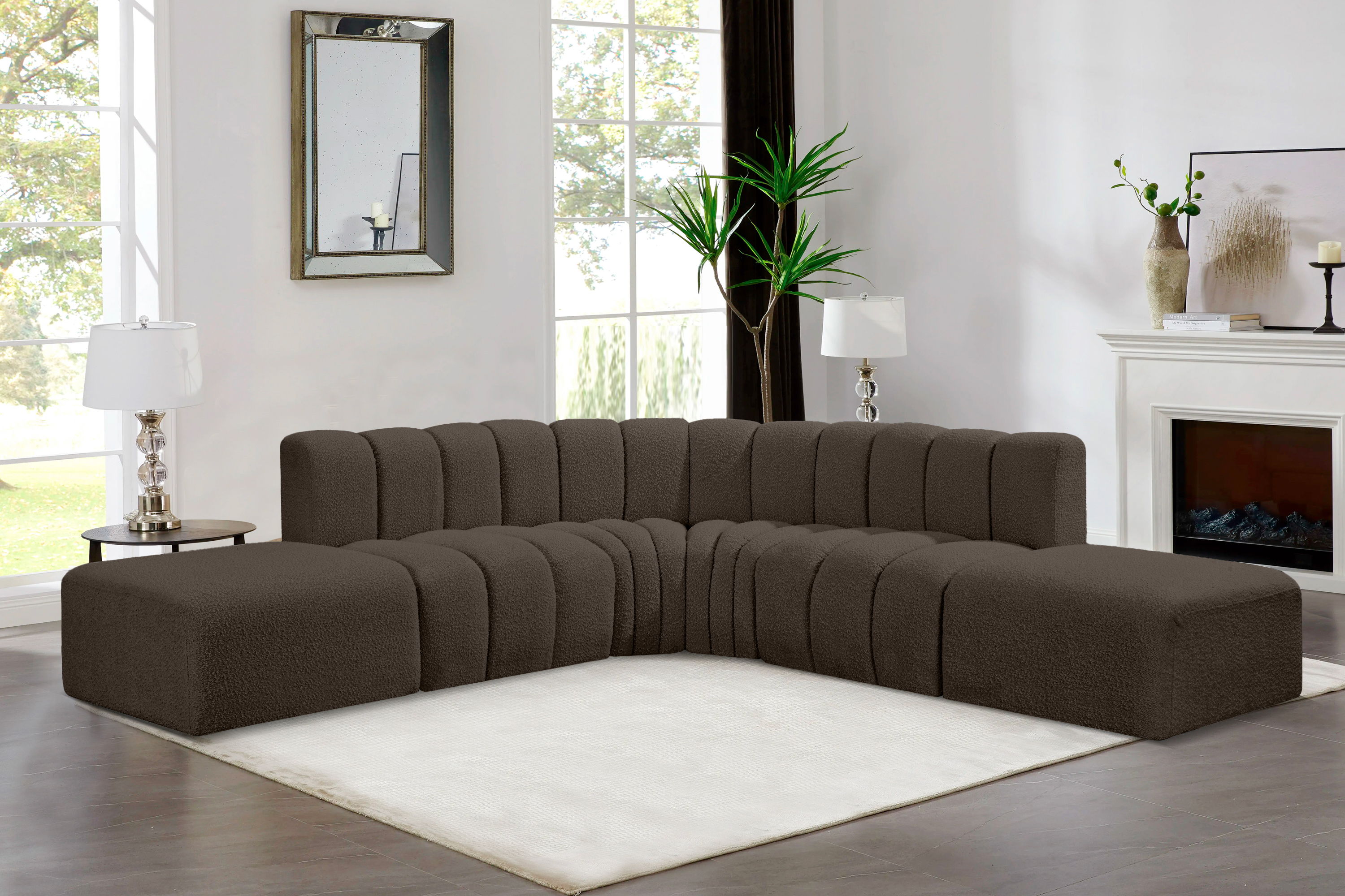 Arc - Boucle Fabric 6 Piece Corner Modular Sofa - Brown