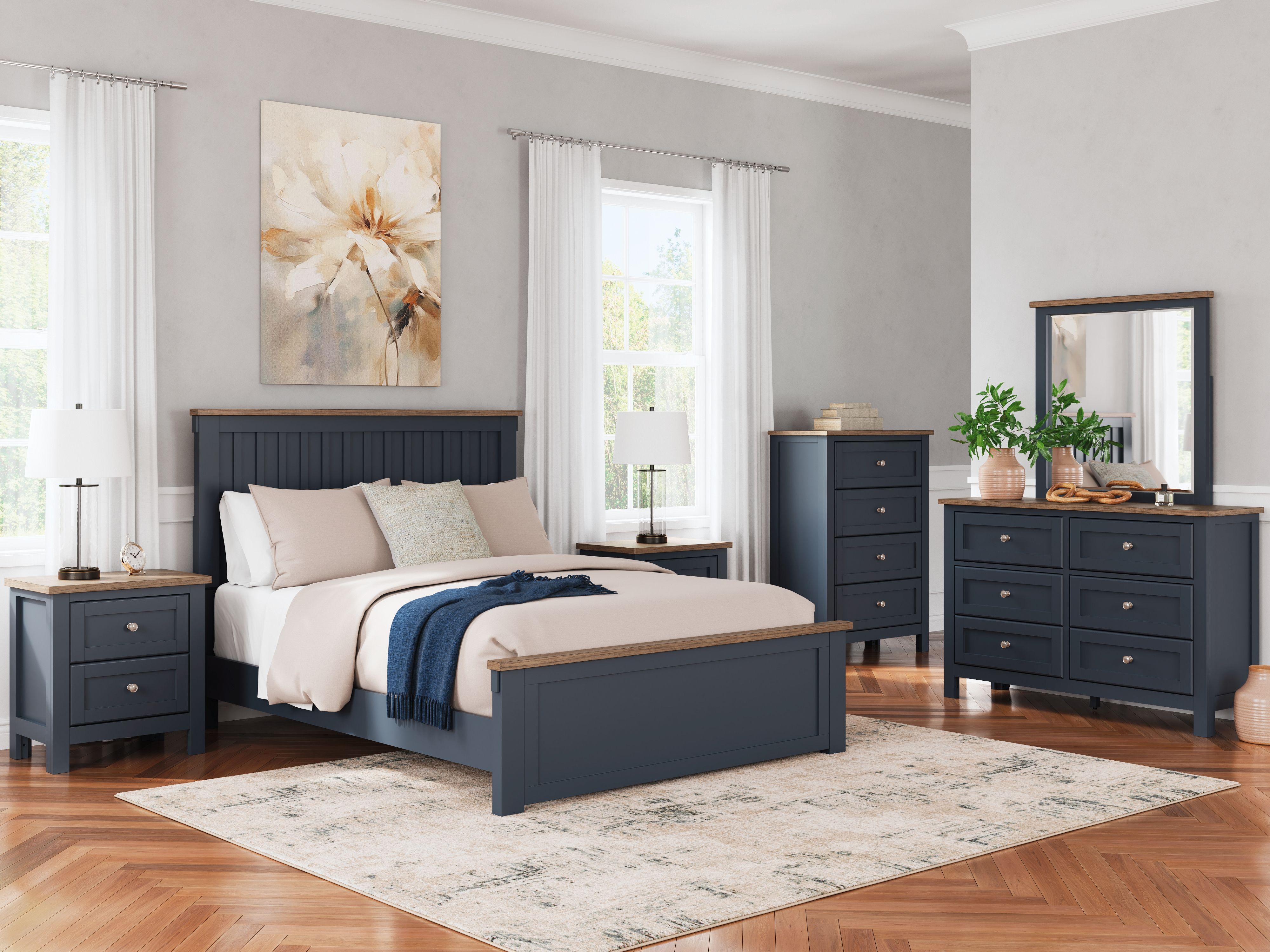 Landocken - 7 Pc. - Dresser, Mirror, Queen Panel Bed, 2 Nightstands - Brown / Blue