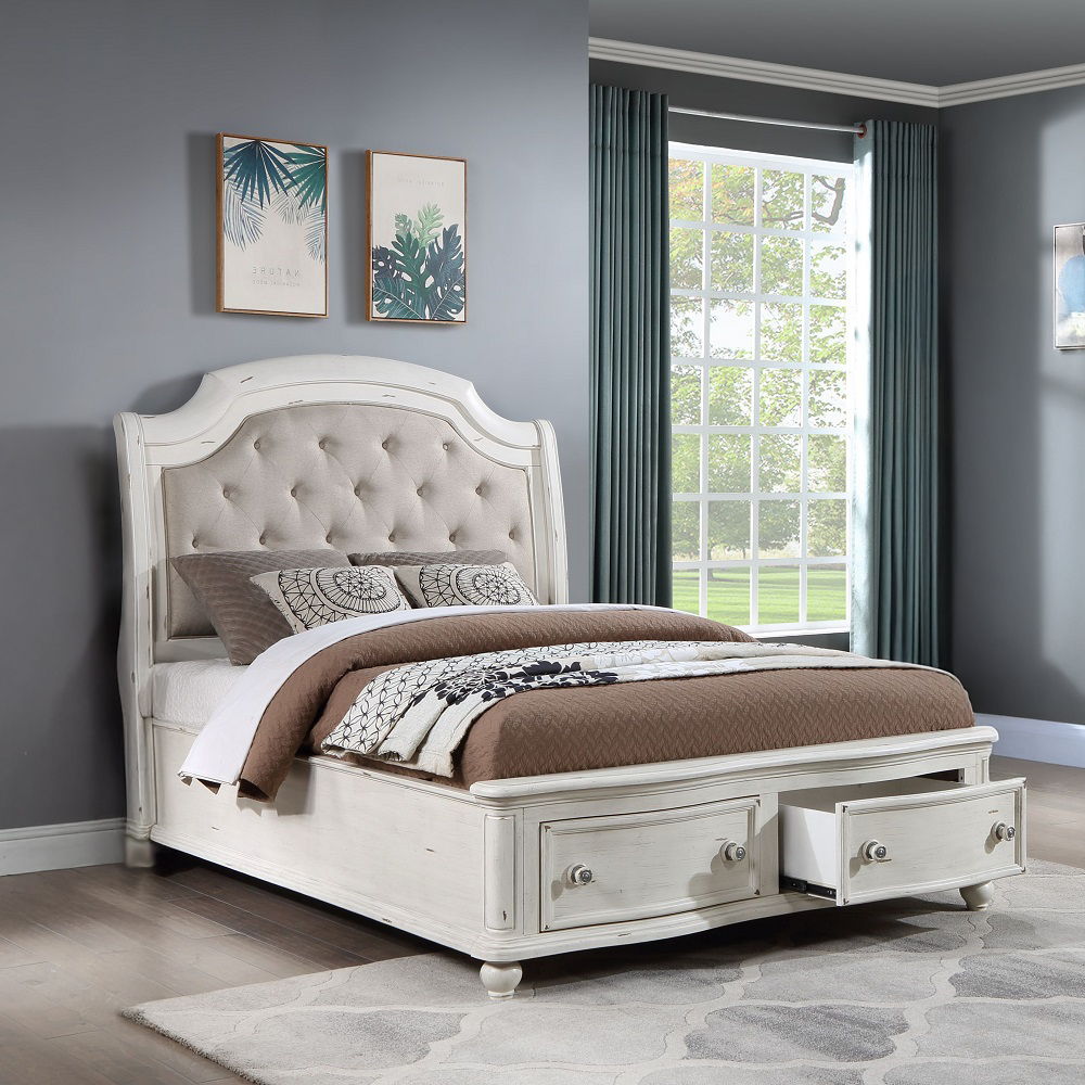 Jaqueline - Queen Bed With Storage - Gray Linen & Antique White, white