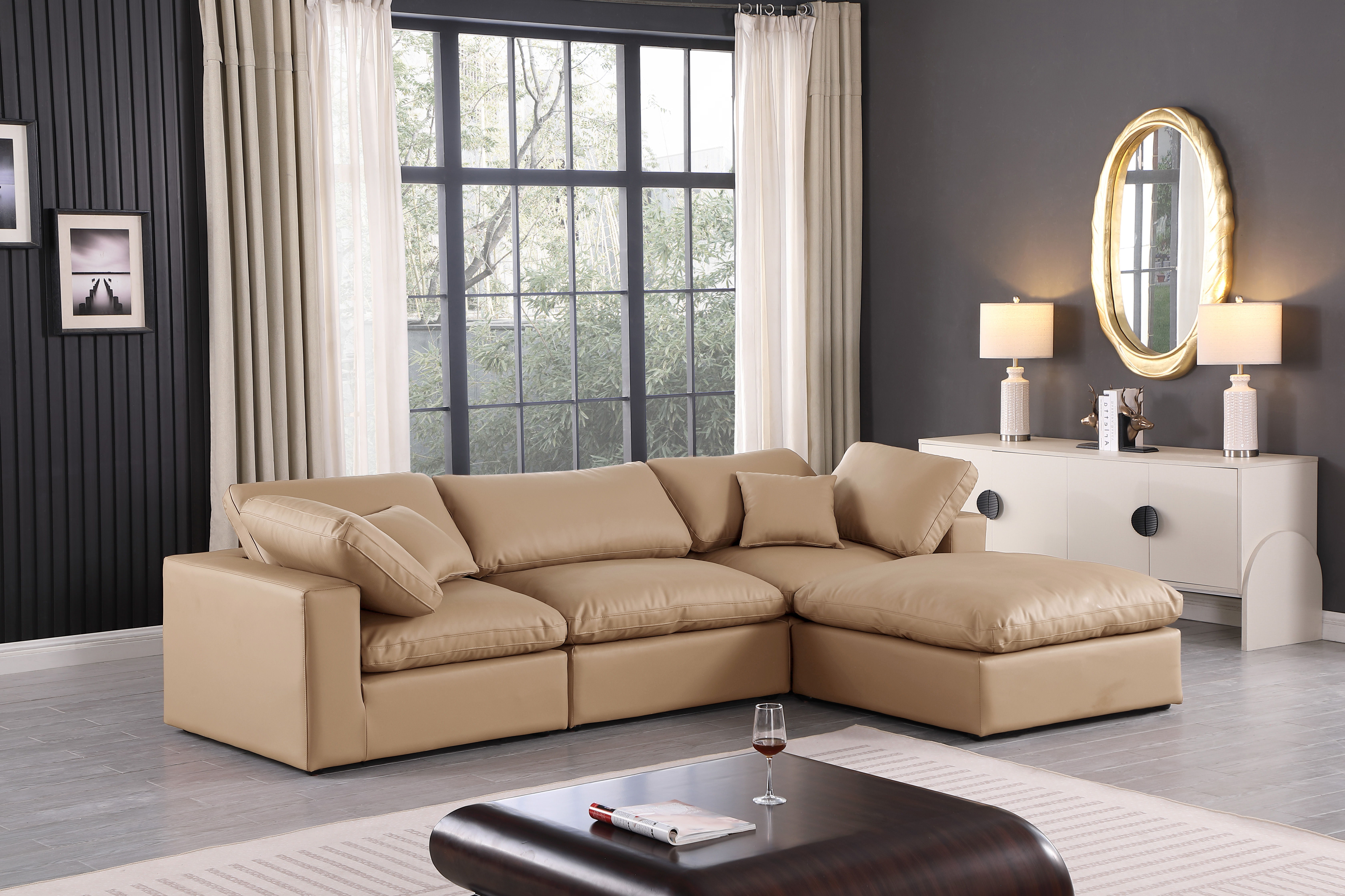 Comfy - 4 Piece Faux Leather Modular Sectional With Chaise - Tan