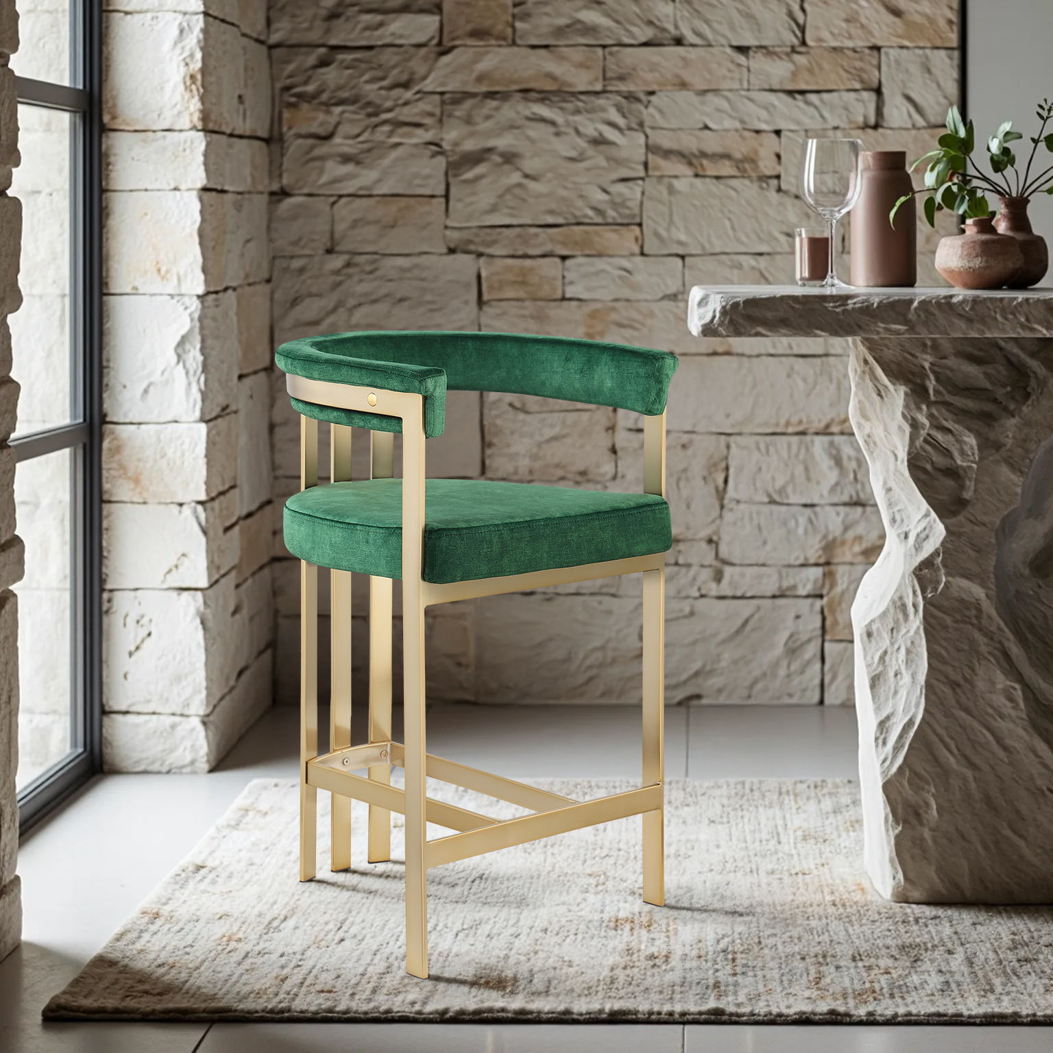 Marcello - Counter Stool With Brushed Gold Iron Frame (Set of 2) - Green