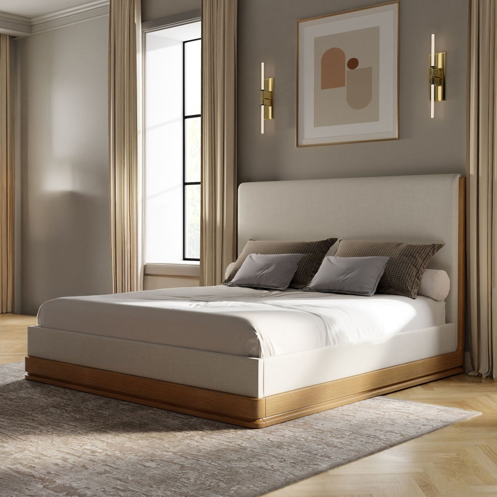 Zoey - Queen Bed - Beige Fabric & Oak, beige