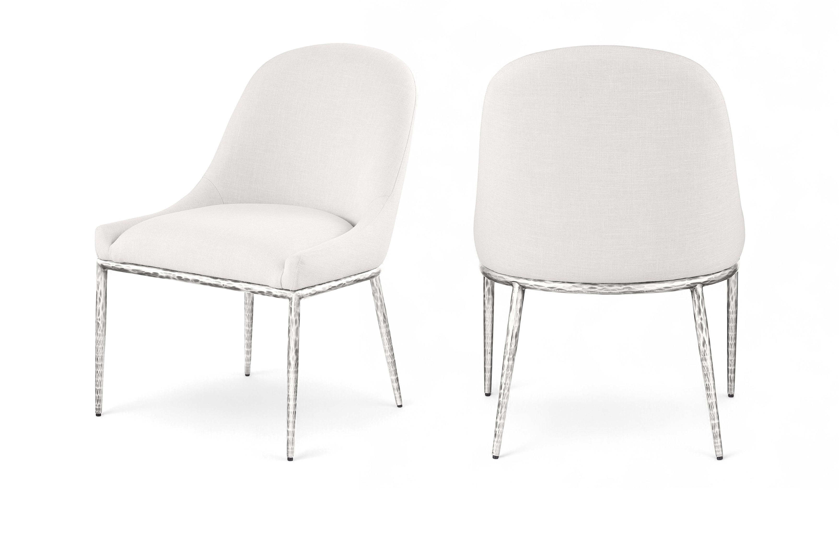 Ferro - Linen Textured Performance Fabric Upholstered Dining Side Chair - Cream / Brushed Silver