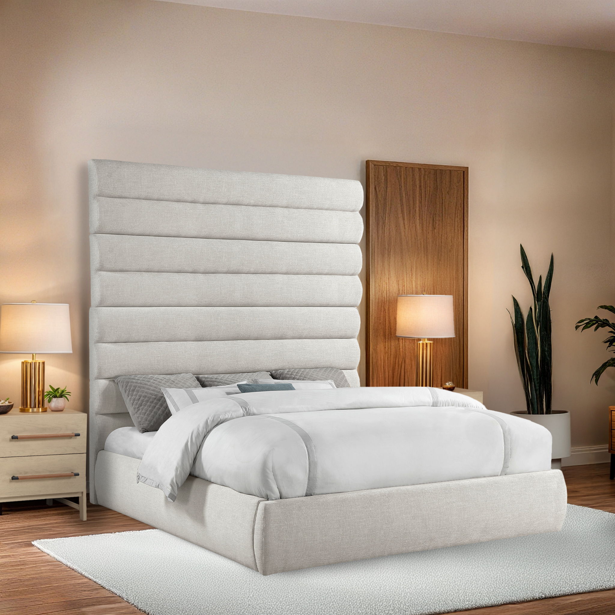 Adam - Linen Fabric King Bed With 89" Headboard - Cream