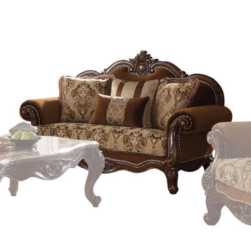 Jardena - Loveseat With 4 Pillows (Same Lv01592) - Pattern Fabric & Cherry Oak, dark brown