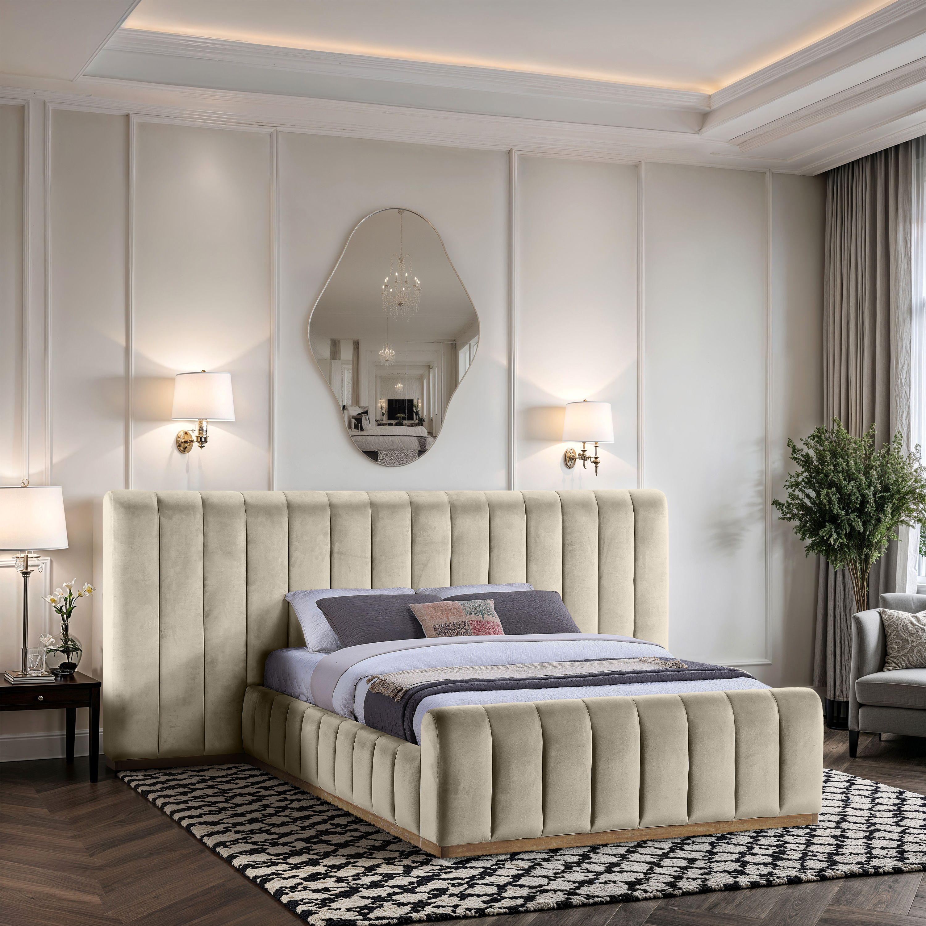 Amara - Velvet Upholstered Queen Bed - Cream