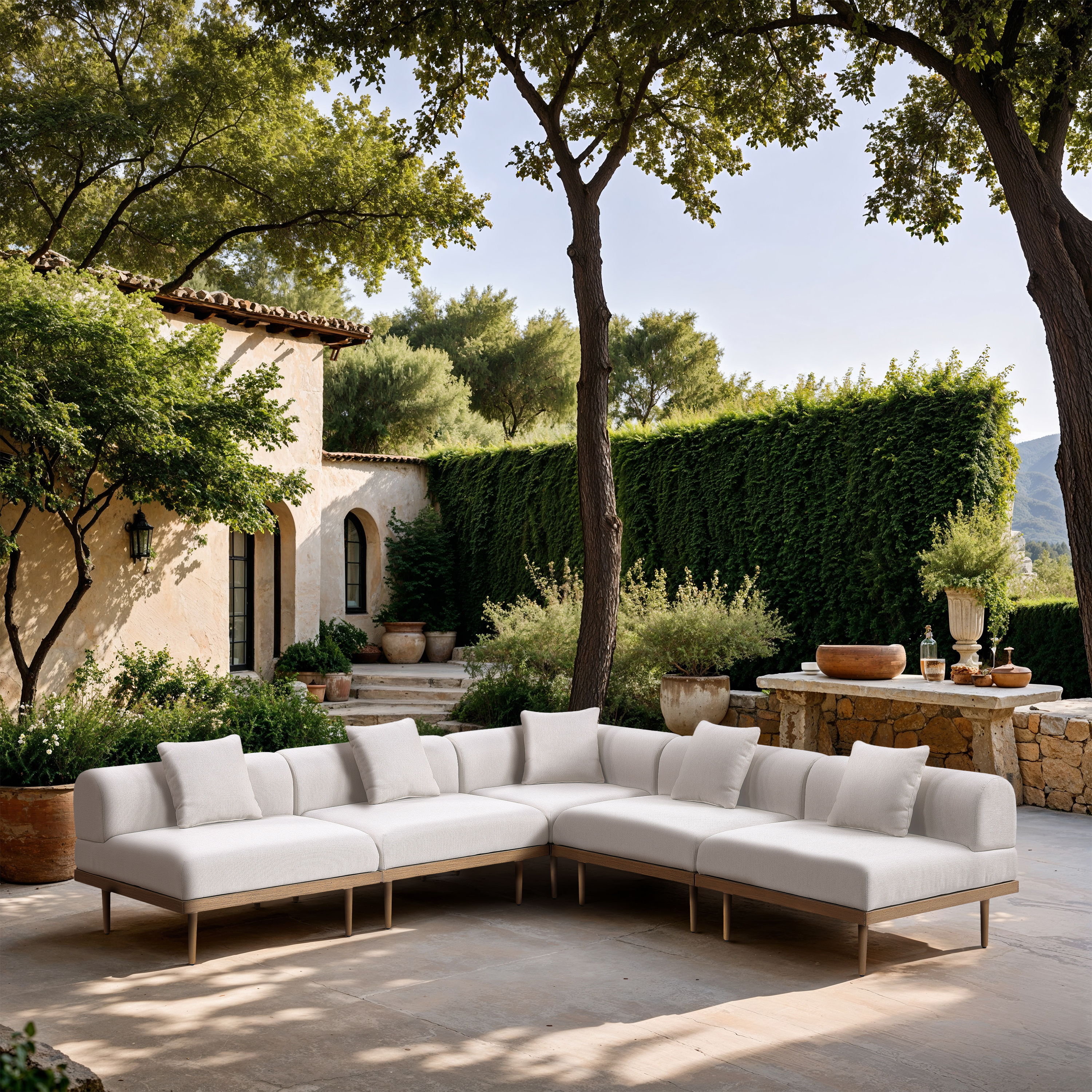 Laguna - 5 Piece Resilient Water Resistant Fabric 106.5" Upholstered Outdoor Patio Modular Sectional - Cream
