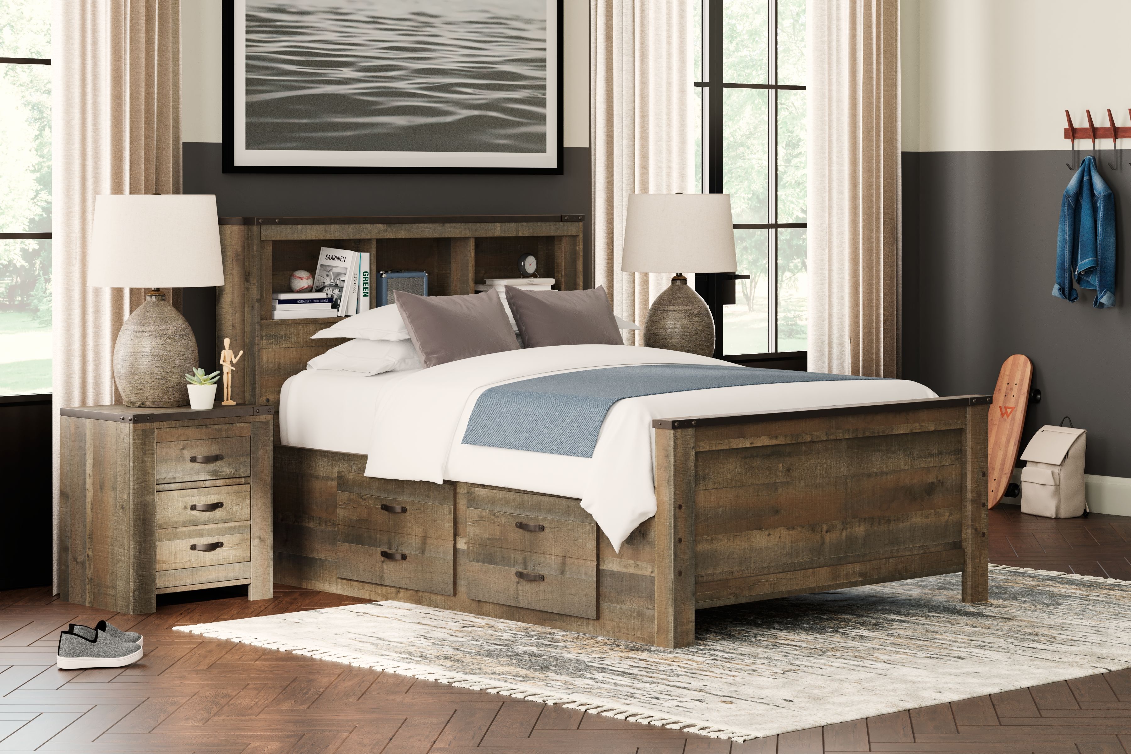 Trinell - Full Panel Bookcase Bed With 2 Storage Drawers - Brown