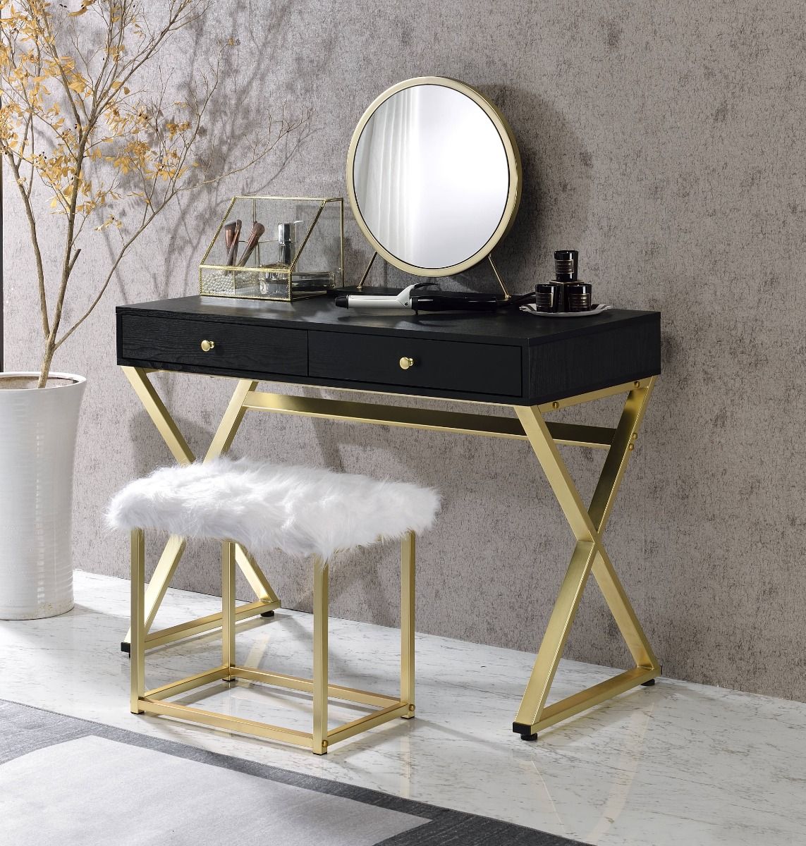 Adao - Vanity Mirror & Stool - Faux Fur, Mirror, Black & Brass, black