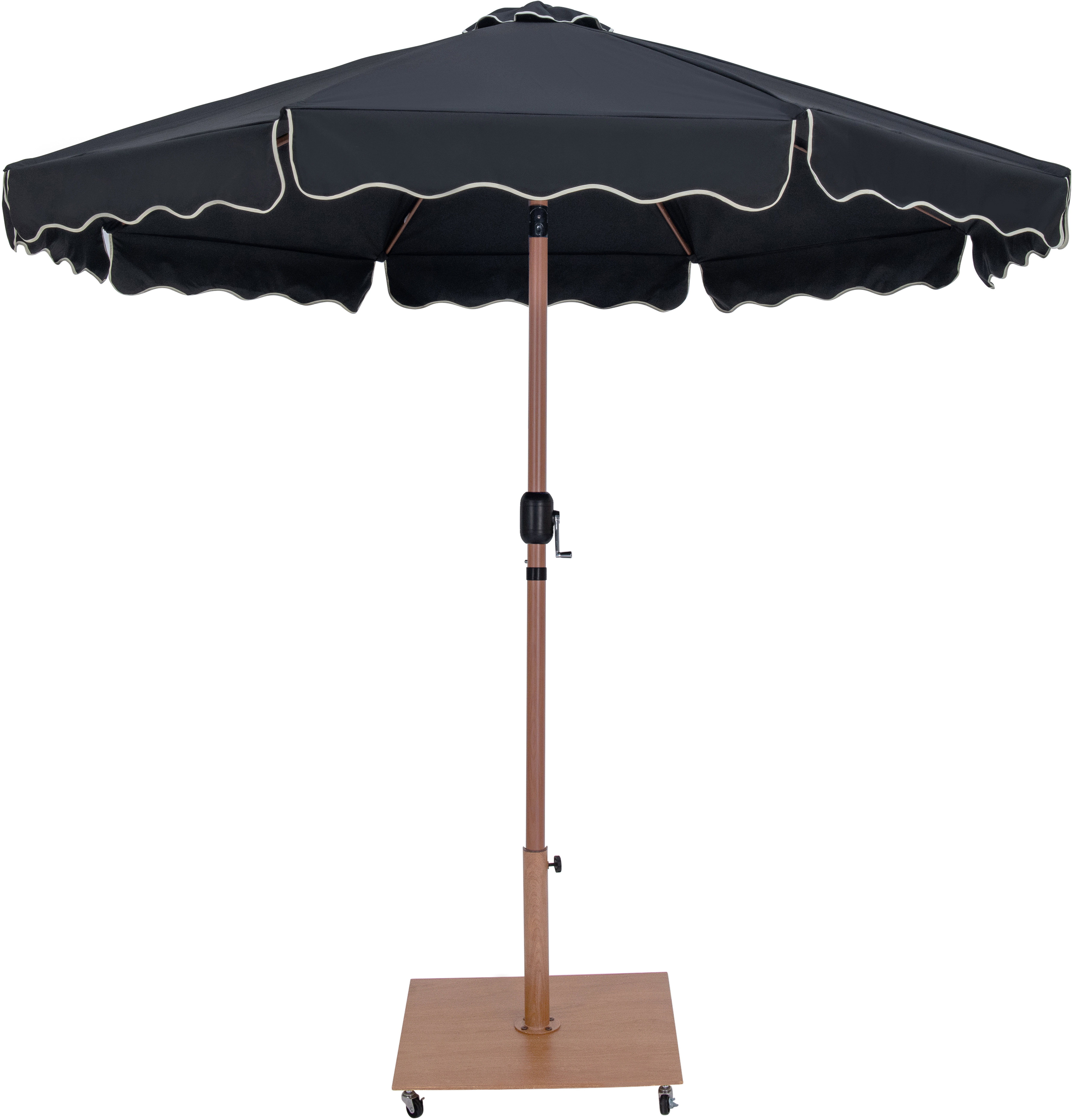 Amalfi - Fabric With Cream Piping Aluminum Patio Umbrella with Base - Black / Teak