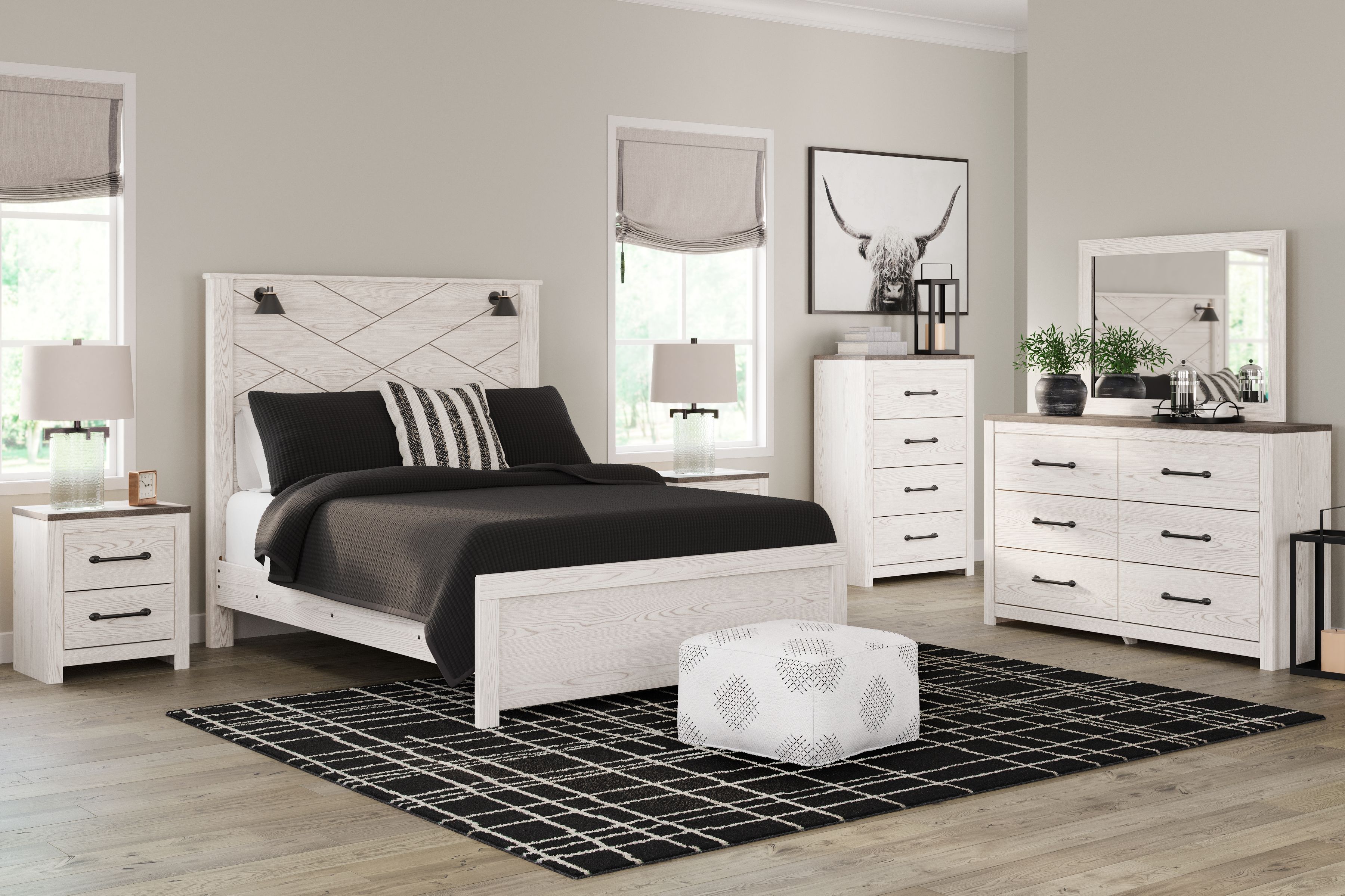 Queen · 5 Pc · Dresser, Mirror, Queen Panel Bed with Sconces