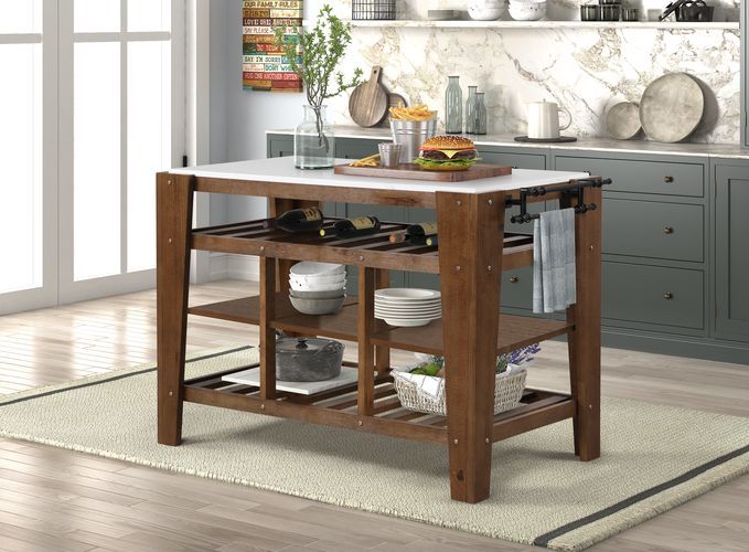 Alaroa - Kitchen Island - Marble Top & Rustic Brown, dark brown