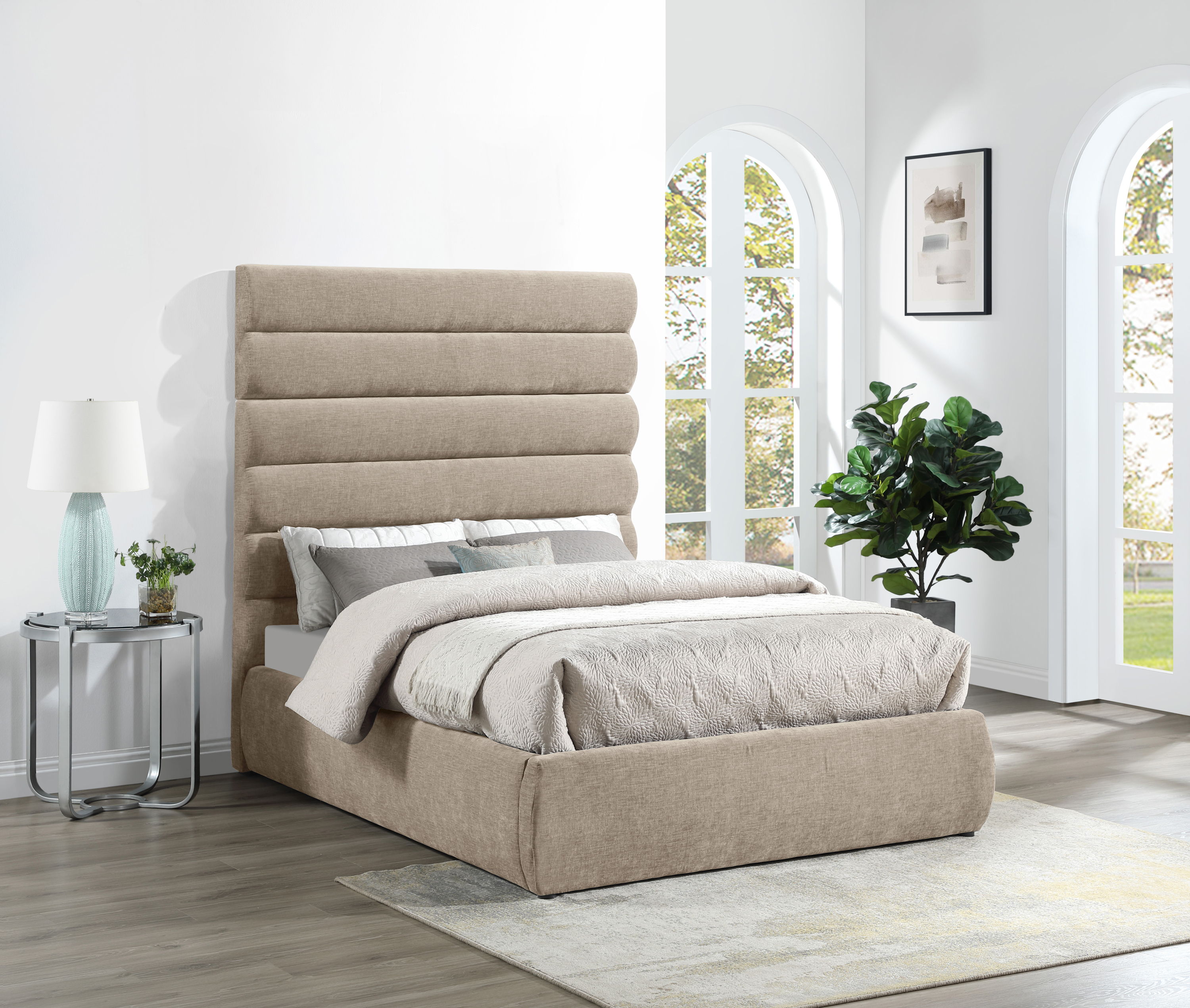 Adam - Chenille Fabric Full Bed With 70.5" Headboard - Beige