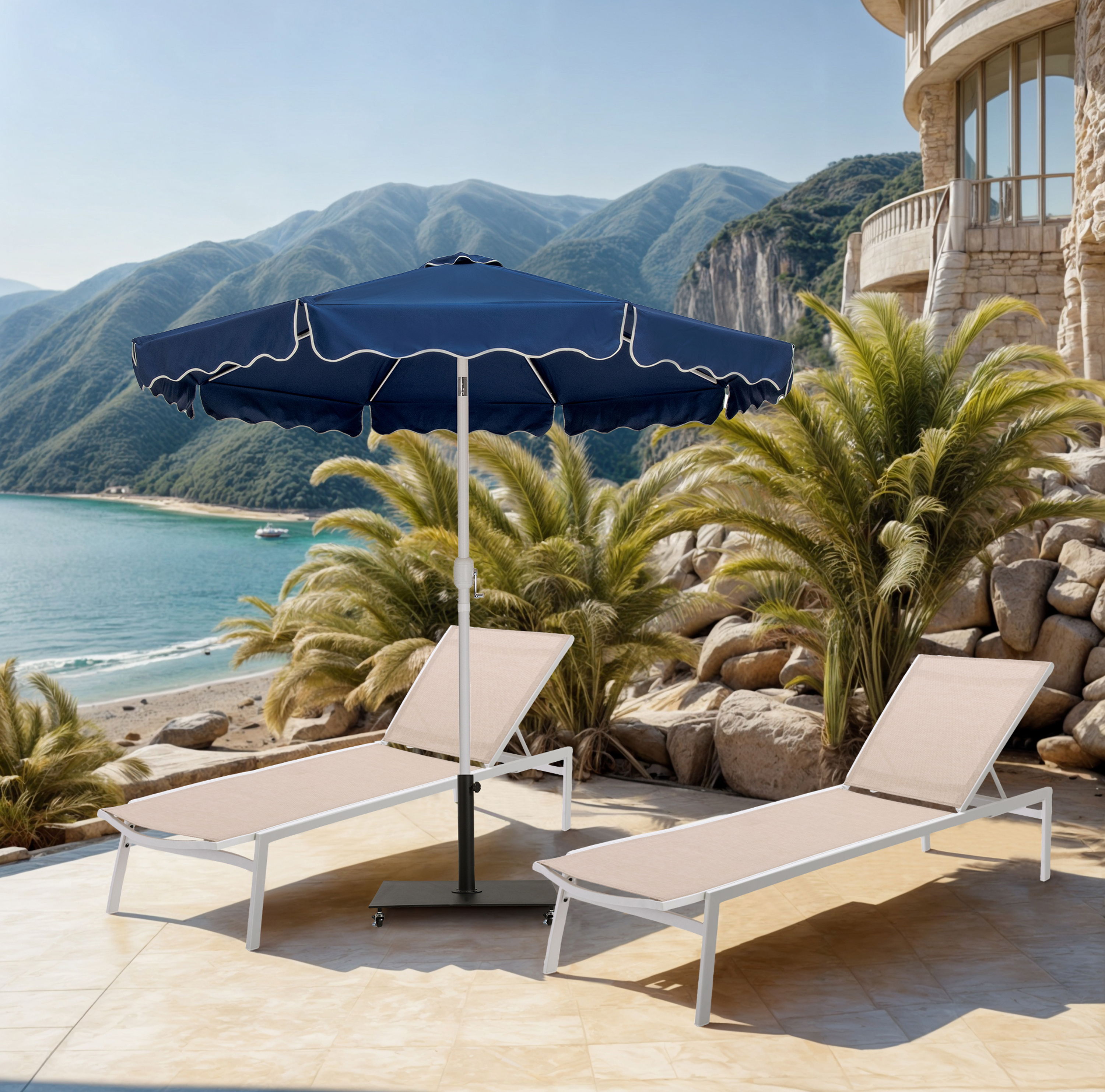 Amalfi - Fabric With Cream Piping Aluminum Patio Umbrella With Black Base / White Pole - Navy